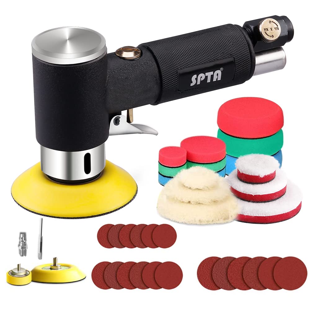 SPTA 25mm/50mm/80mm Lijadora de Aire Orbital Aleatoria, Mini Lijadora Neumática para Automóvil, Pulidora Neumática con 33 Almohadillas de Pulido