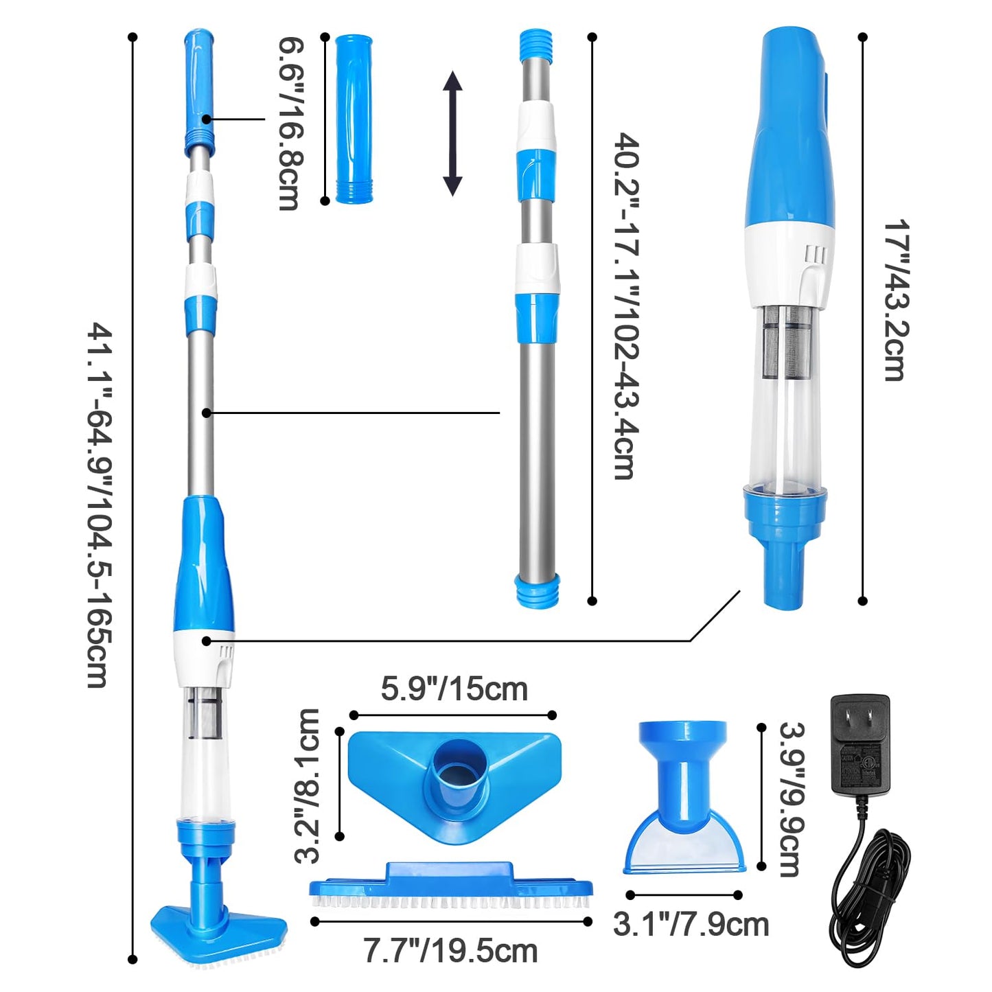 PoolyPoly 3 en 1 Limpiafondos de Piscina a Bateria, Aspirador de Piscina Inalámbrica con Mango Telescópico, Aspiradora Manual para SPA, Piccola Piscina Pequeñas, 90 Minutos Limpieza, Azul