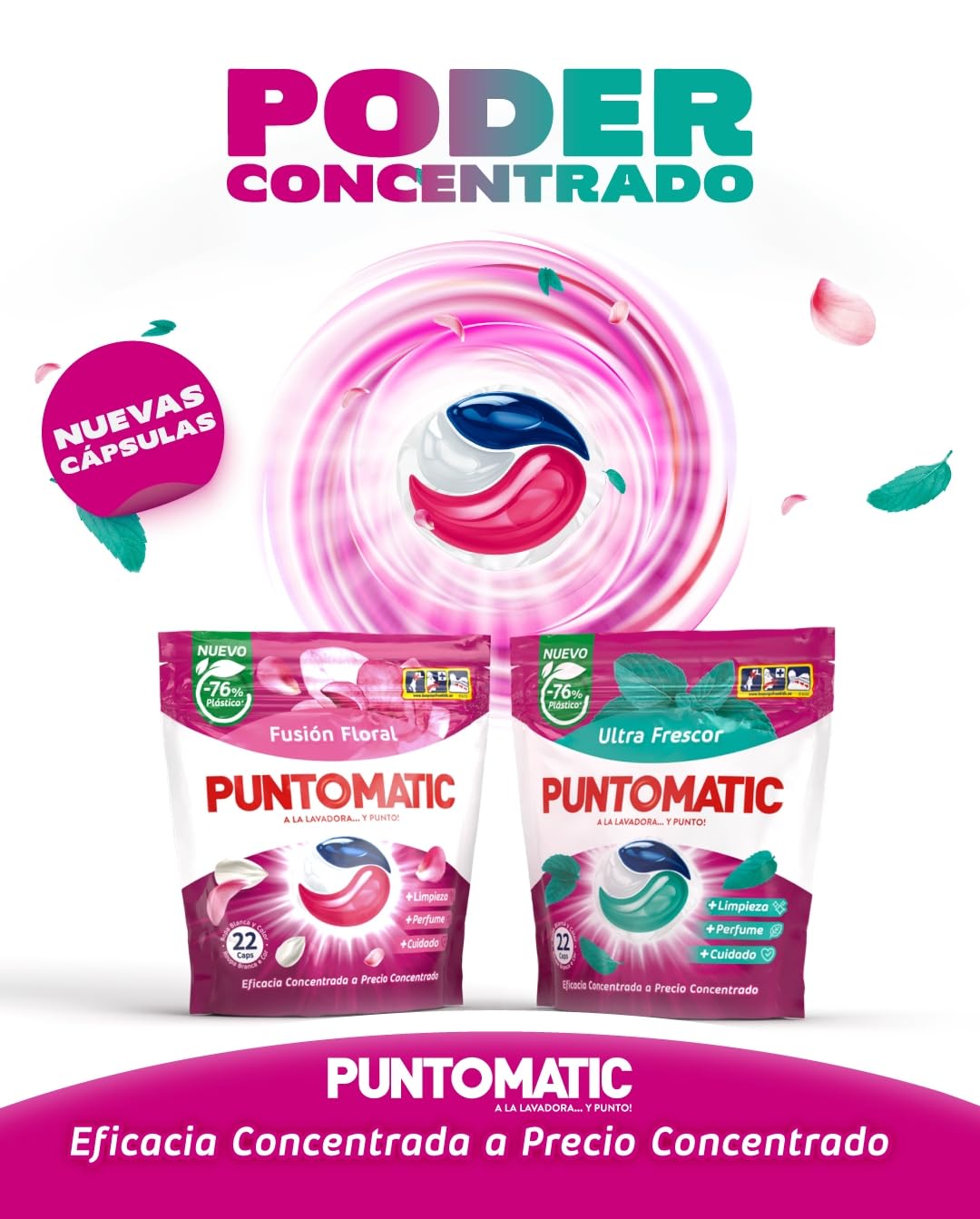 PUNTOMATIC | Cápsulas Tricámara Floral | Detergente Lavadora para Ropa Blanca y de Color | Quitamanchas | 12 lavados