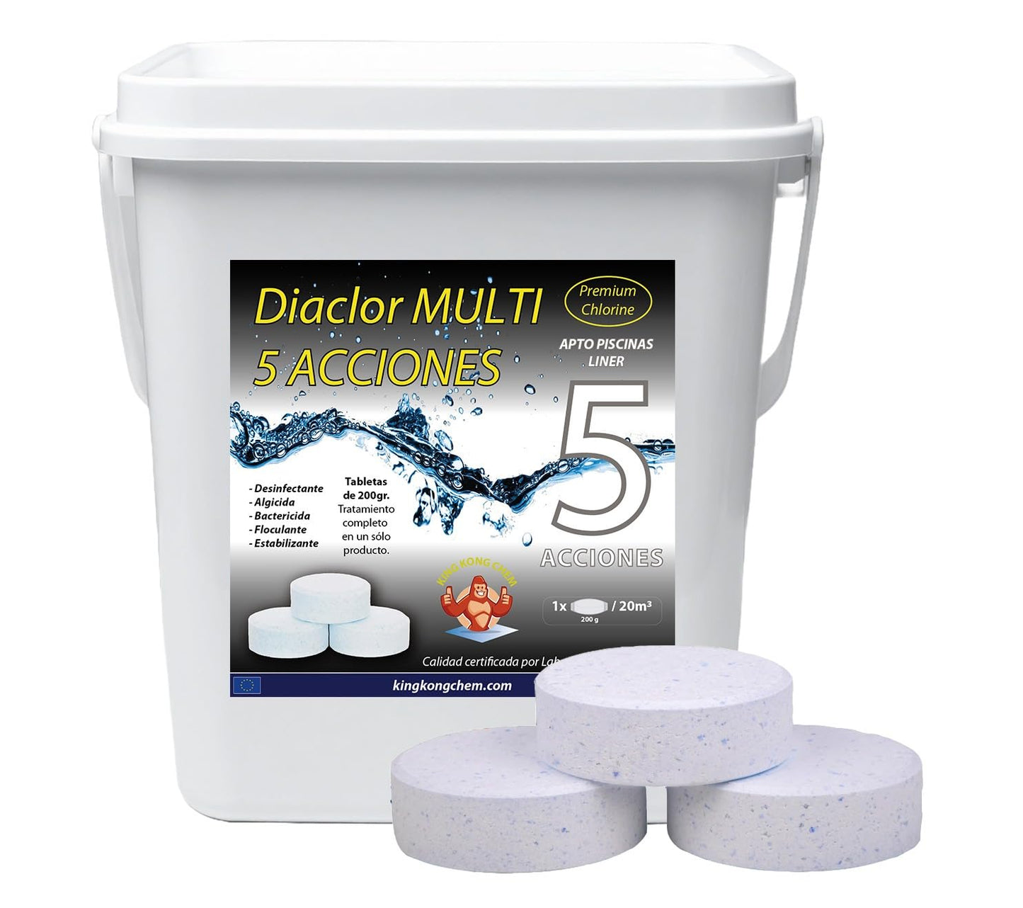 Pastillas de Cloro para Piscinas DIACLOR Multi 5 ACCIONES 5 KG - Envasado Individual - 25 Pastillas de Cloro Lento (200 gr- 7,5 cm Diámetro) - Tratamiento Completo 5 Efectos - SIN Cobre -