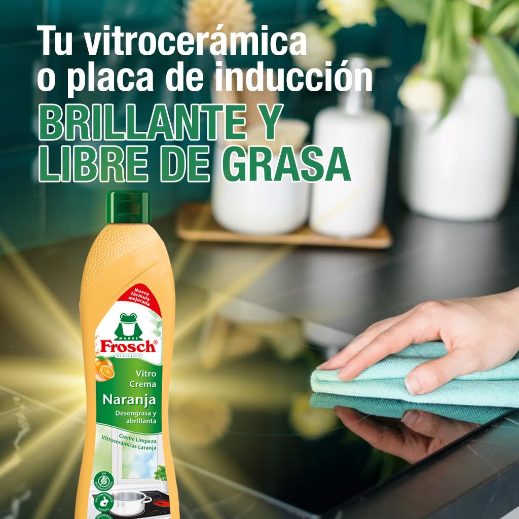 Frosch - Limpiador Ecológico para Vitrocerámica Nueva Fórmula Mejorada, Desengrasa y Abrillanta en Profundidad, Fragancia a Naranja - 500 ml