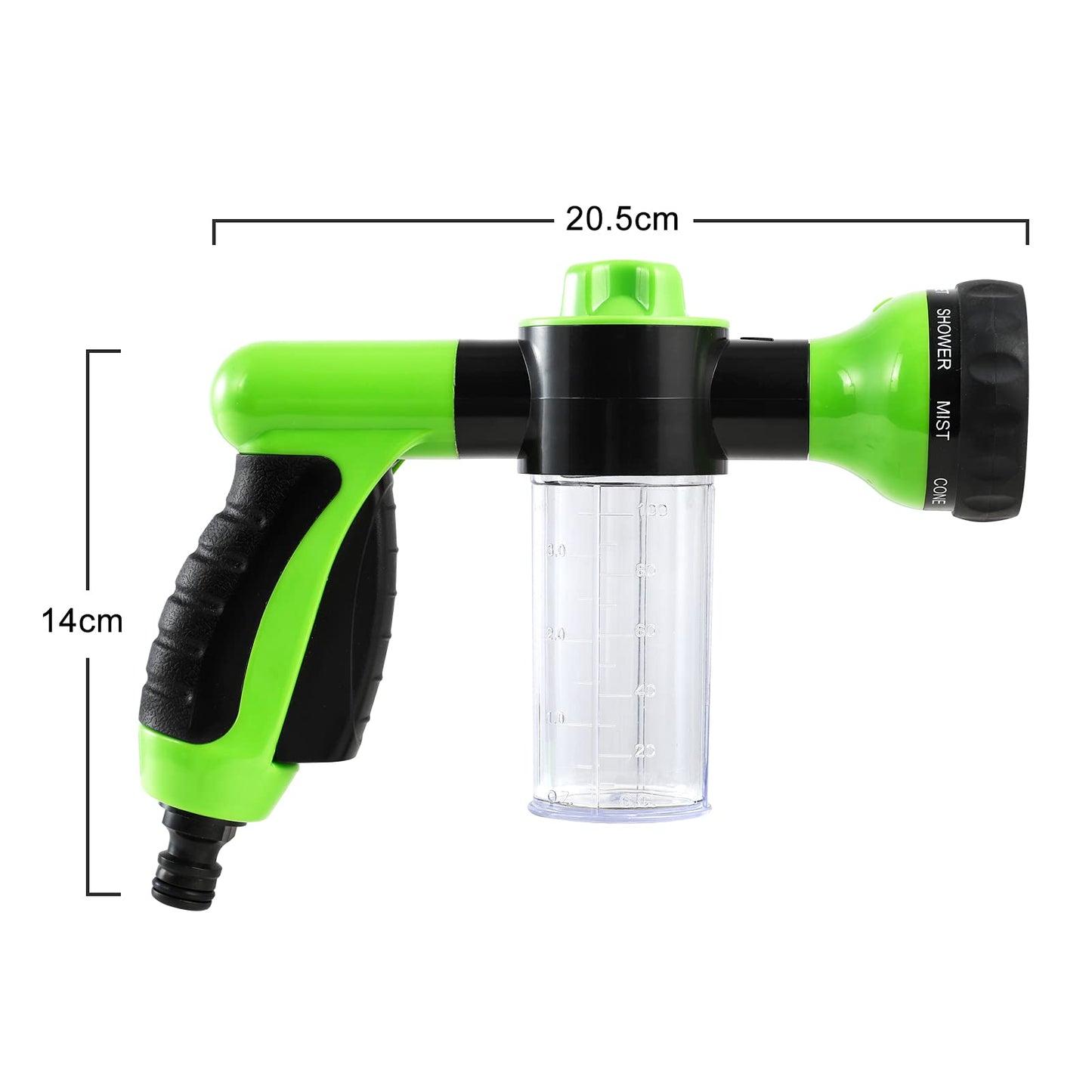 Pistola de Riego, Pistola de Agua para Jardín Manguera, 8 Modos Pulverizar Ajustable Alta Presión Boquilla de Espuma con Dispensador para Lavado Coche y Mascota, Regar Planta y Césped
