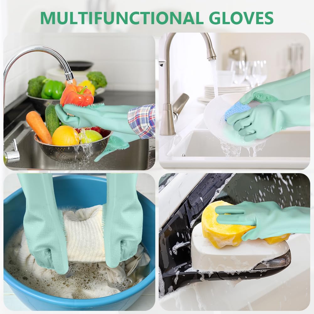 AMFUN Guantes reutilizables para el hogar, Verde Guantes de Limpieza de Silicona, Guantes de silicona reutilizables para lavar platos, para Lavar Platos, cocina, coche, cuidado de mascotas