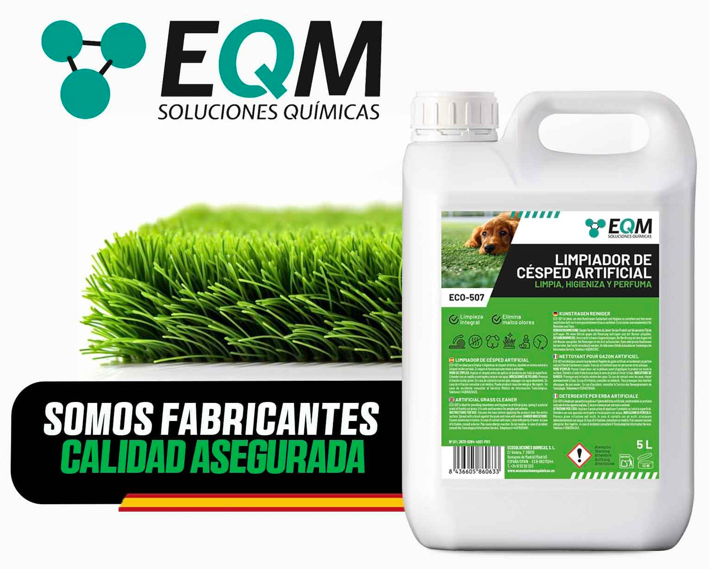 EQM - ECO-507 - Limpiador e Higienizante de Césped Artificial - 5L - Limpia, Higieniza y Perfuma - Formato ahorro, larga duración - No tóxico