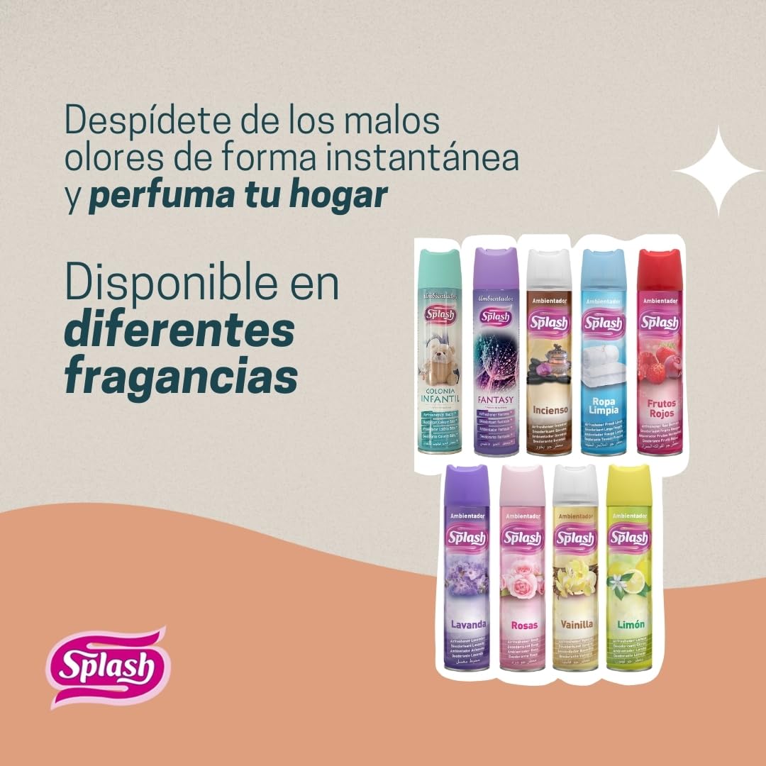 SPLASH | Spray Aromatizador | Ambientador Duradero, Refresca y Elimina Olores | Fragancia Fresca Ropa Limpia | Agitar Antes de Usar | 300 ml