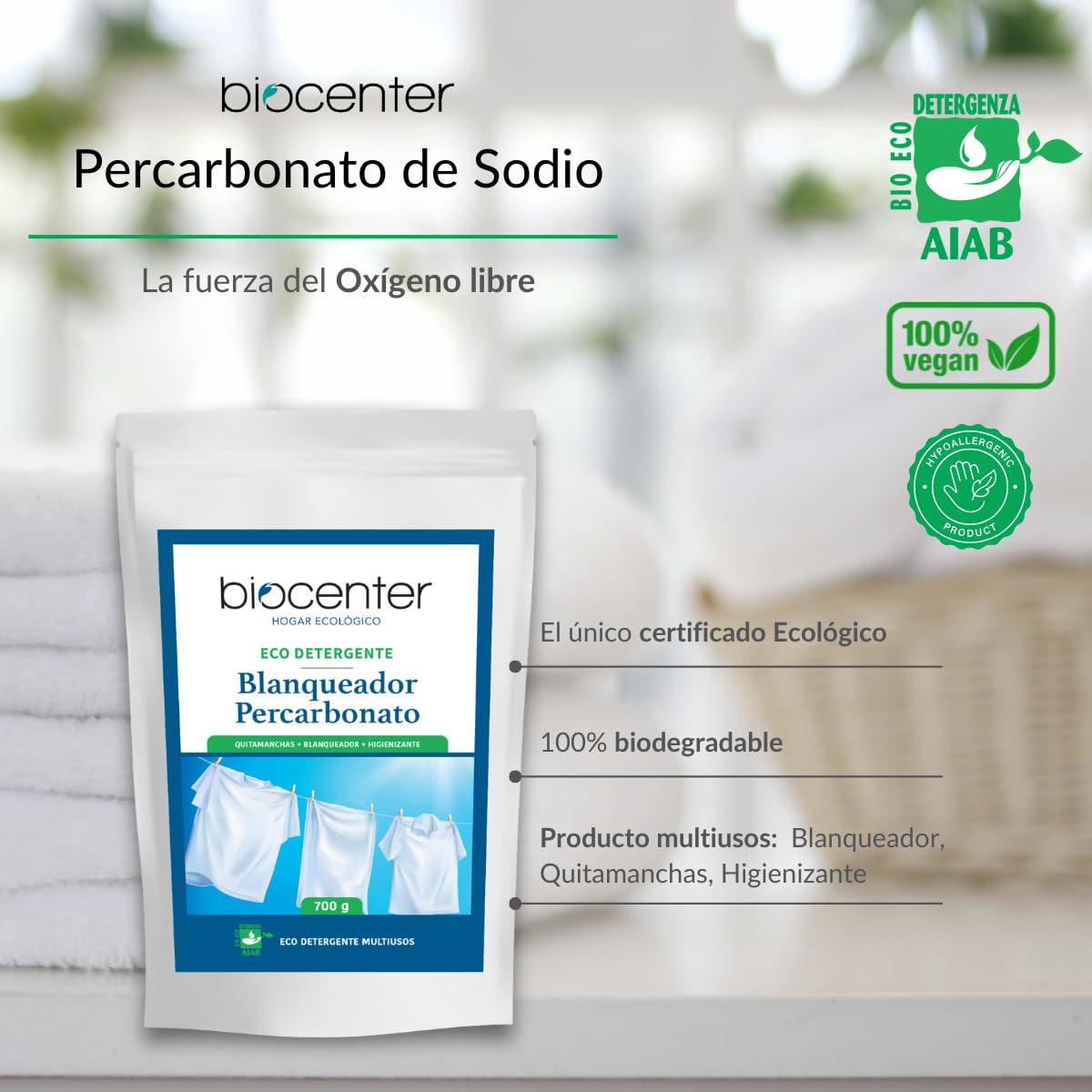 BIOCENTER - Percarbonato puro y certificado ecológico - Blanqueador natural para la ropa, Quitamanchas, Higienizante -100% biodegradable