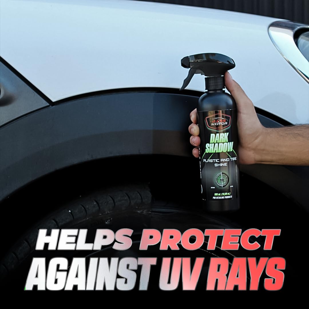 BassMotor Abrillantador de Plástico y Neumáticos Coche Moto Restaurador Gomas Viejas Recupera Brillo Interior y Exterior para Abrillantado en Casa - Dark Shadow 500ml + Esponja Premium