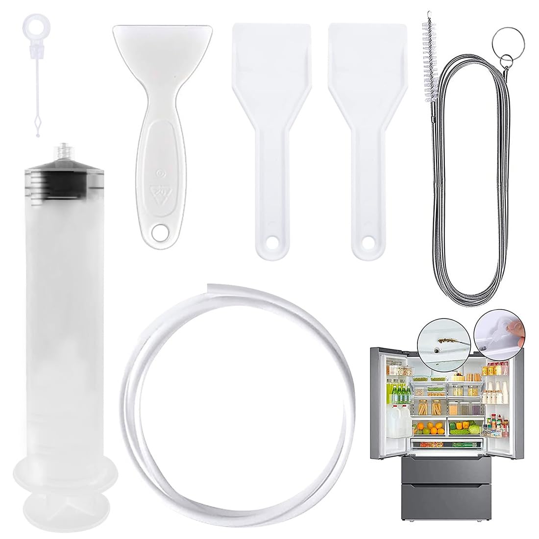 KOQAIIZ 7 Kit de Limpieza de Nevera, Reutilizable cepillo de Limpieza para Frigorífico, con Jeringa, Manguera, Pala de Descongelación, Tapones para Orificios de Drenaje