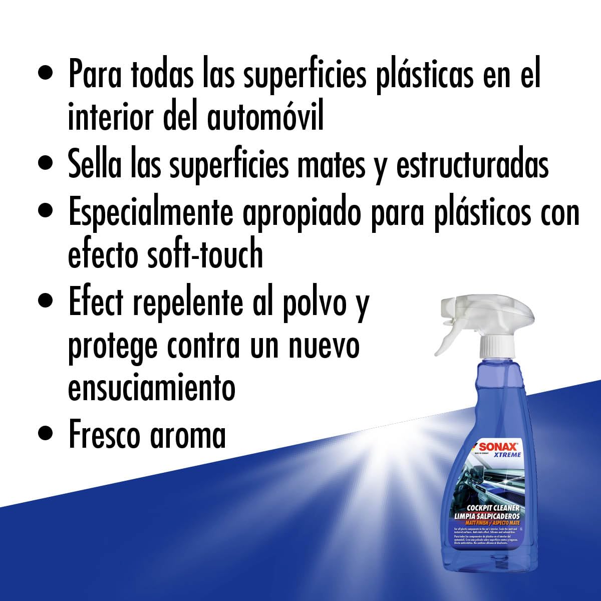 SONAX XTREME Limpiador de Cockpit efecto mate (500 ml) limpia salpicaderos y cuida las superficies plásticas en el interior del automóvil, N. 02832410-820, Blue