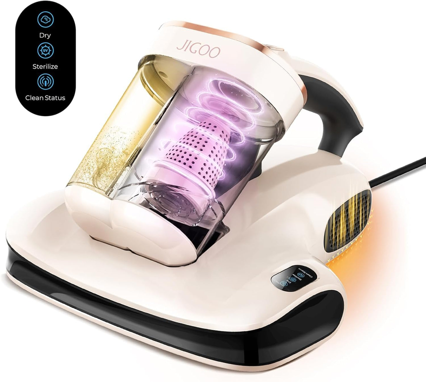 JIGOO S100 Aspirador de ácaros, Aspiradora Antiacaros para colchones con Sensor de ácaros, Pantalla LED, vibración, luz UV, ultrasonido, Elimina 99.9%, Especial Alergias, para Colchones y Sofás