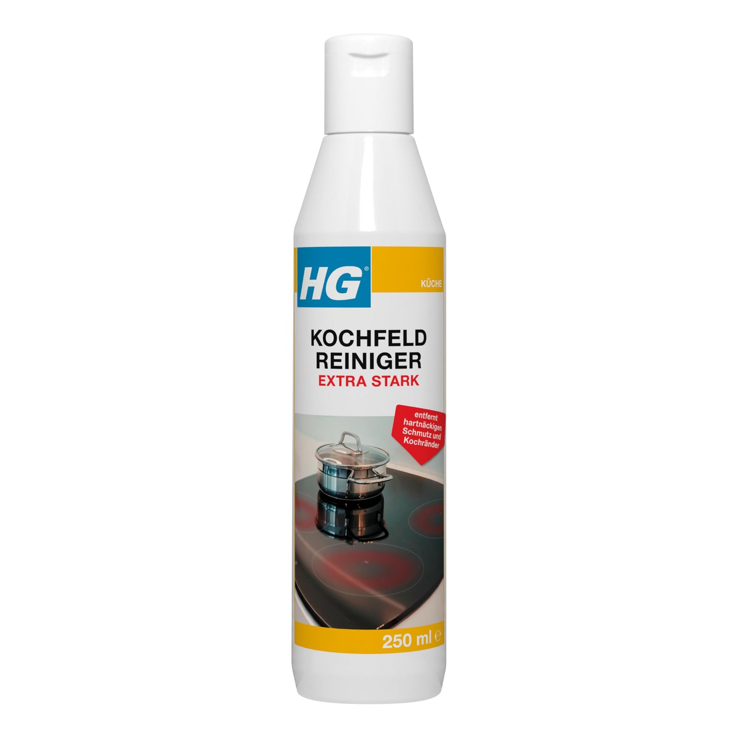 HG Limpiador de vitrocerámica extrafuerte y eficaz, elimina fácilmente la suciedad, quemados y bordes de cocción, apto para placas de inducción, vitrocerámica, cocinas eléctricas y de gas, 2 X 250 ml