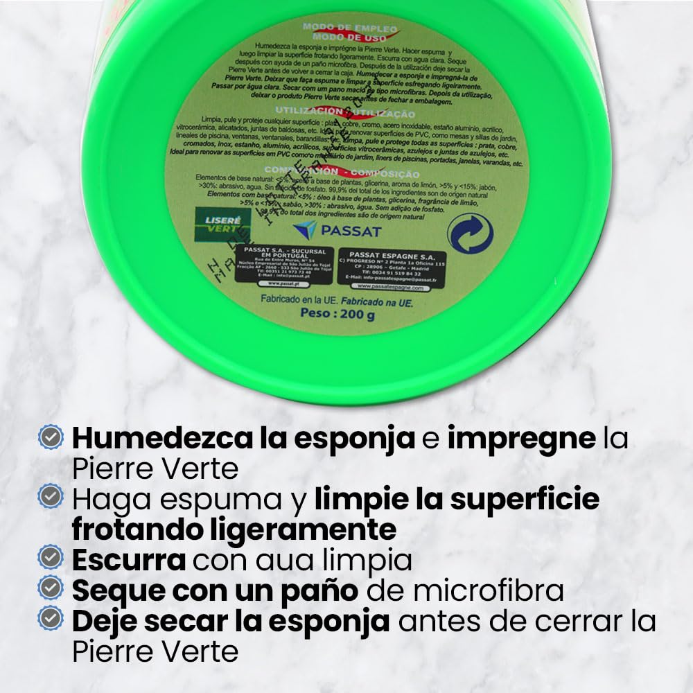 Passat 2 uds. Pierre Verte Arcilla Blanca de Limpieza, Piedra Blanca Limpieza, Producto de Limpieza Multiusos, 200 gr, Aroma Limón, Esponja Incluida