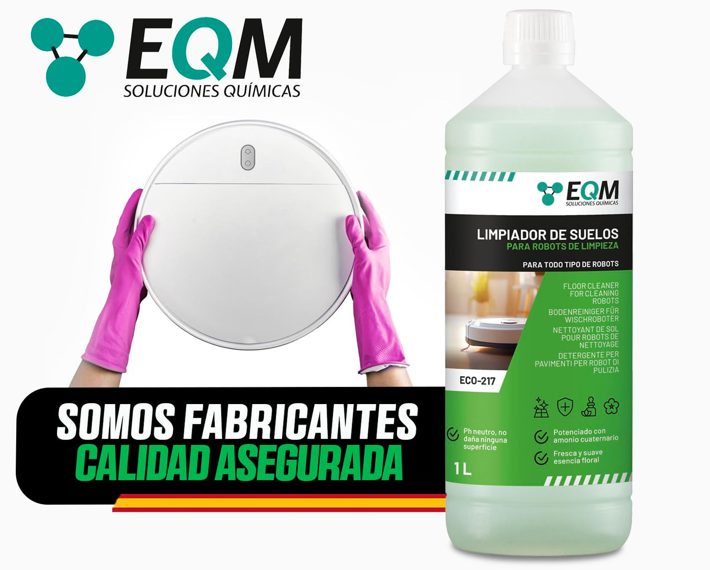 EQM - ECO-217 - Limpiador de suelos para robots de limpieza - 1L - Válido para cualquier superficie gracias a su pH neutro - Agradable aroma floral
