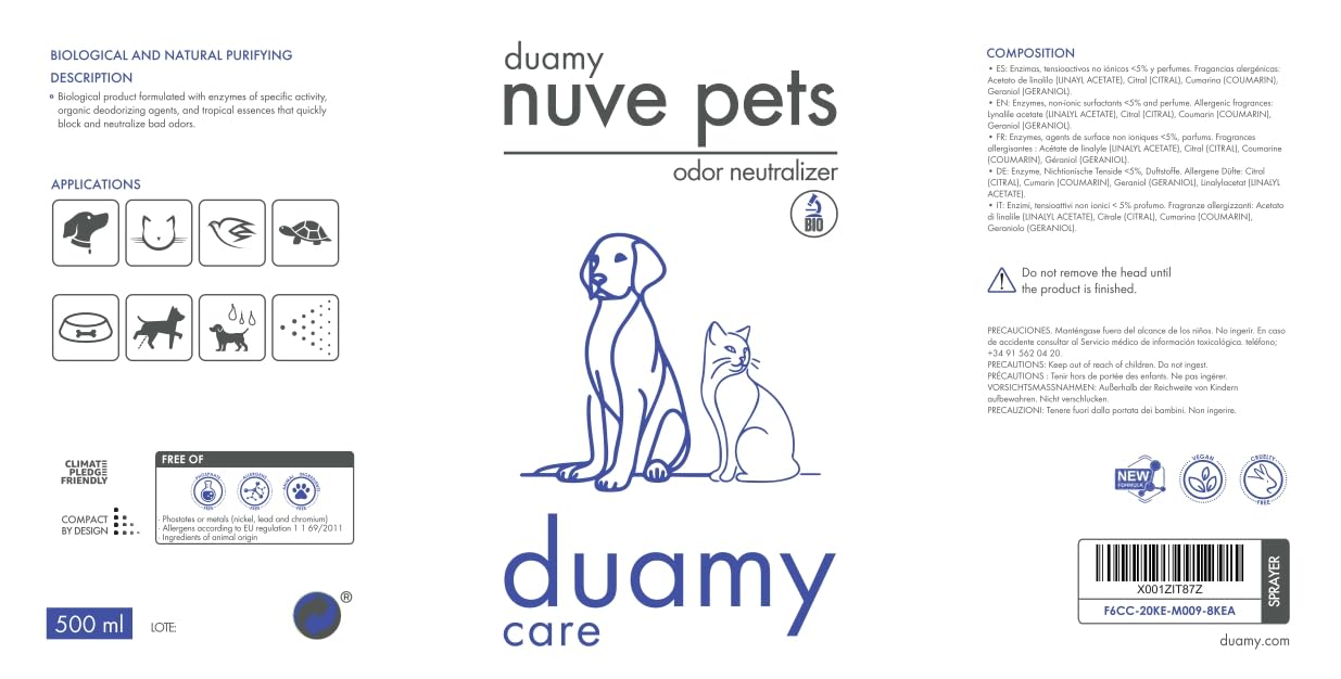 NUVE PETS Eliminador de olores de mascotas, ambientador ecológico sin propelentes, tóxicos ni alérgicos. Absorbe, bloquea y neutraliza olores. Anti-olor orines de Perros, Gatos. 500ml