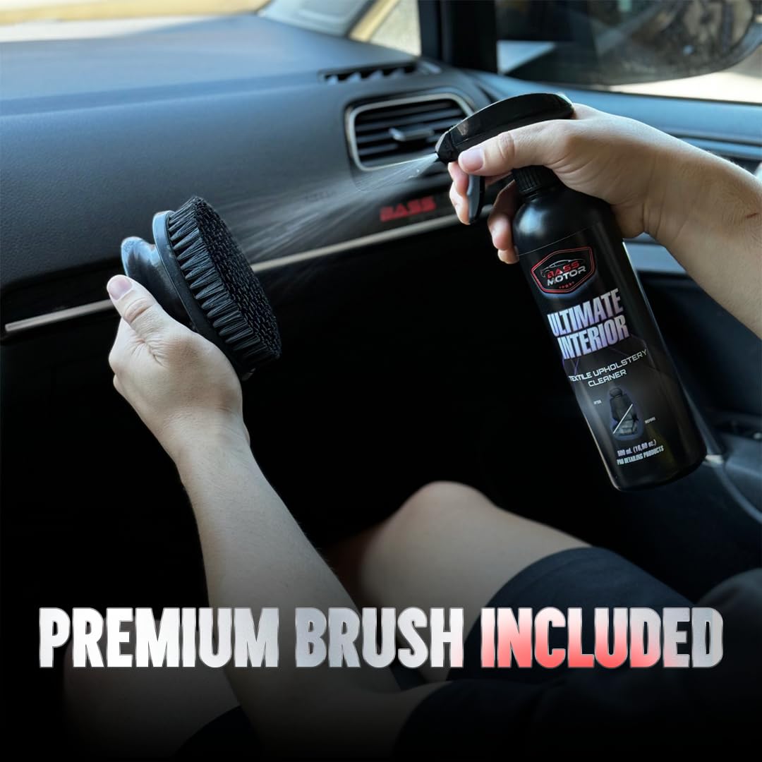 BassMotor Limpia Tapicería Textil para Asientos y Alfombrillas Coche, Limpiador Interior Tejidos de Coches con Cepillo Incluido Uso Fácil Aroma Fresco - Ultimate Interior 500ml + Cepillo