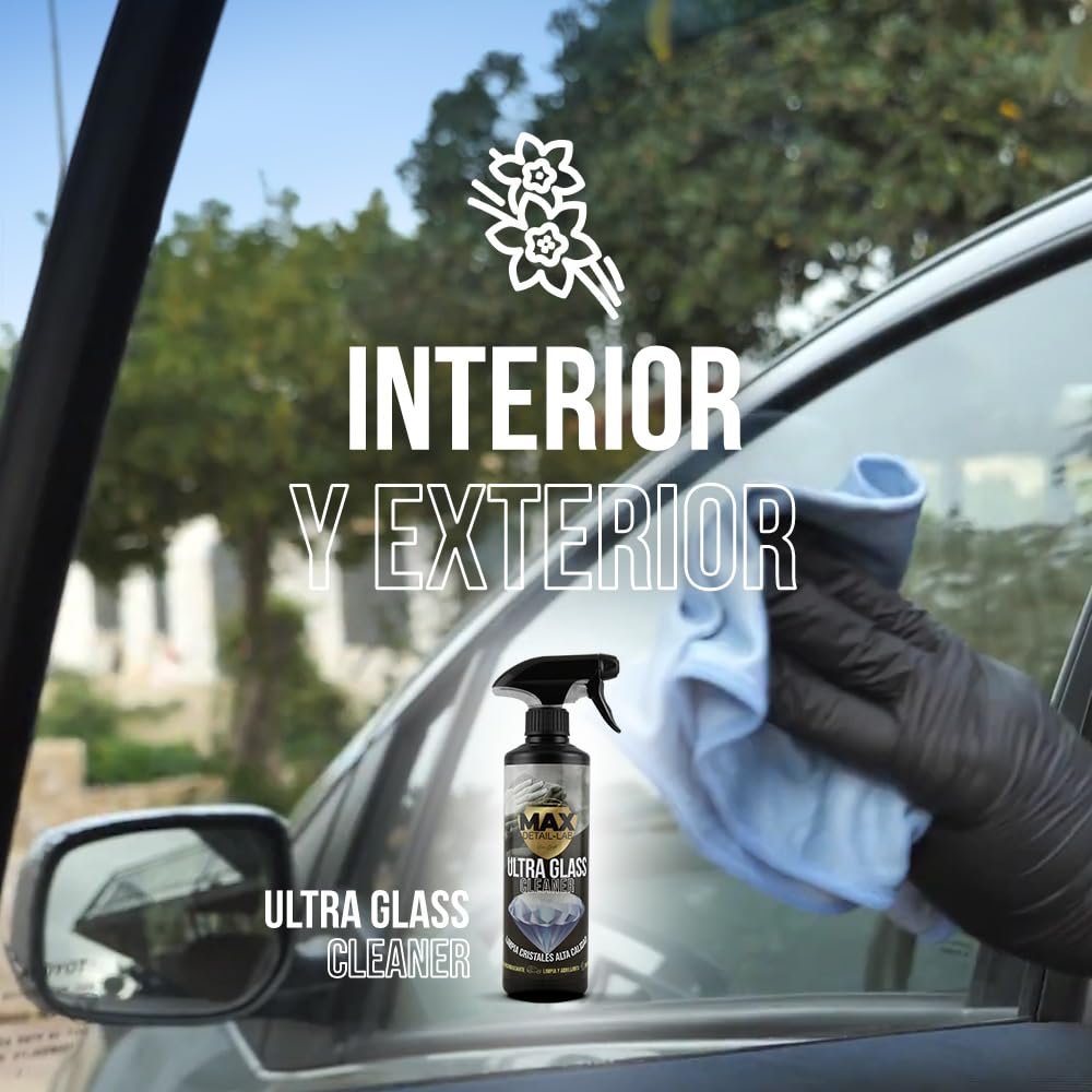 MAX DETAIL-LAB - Ultra Glass - Limpiacristales Coche Antivaho, Fórmula Desengrasante Limpia Cristales y Abrillanta, Repelente Agua Parabrisas Antilluvia, Kit Limpieza Detailing Car Profesional, 500ml
