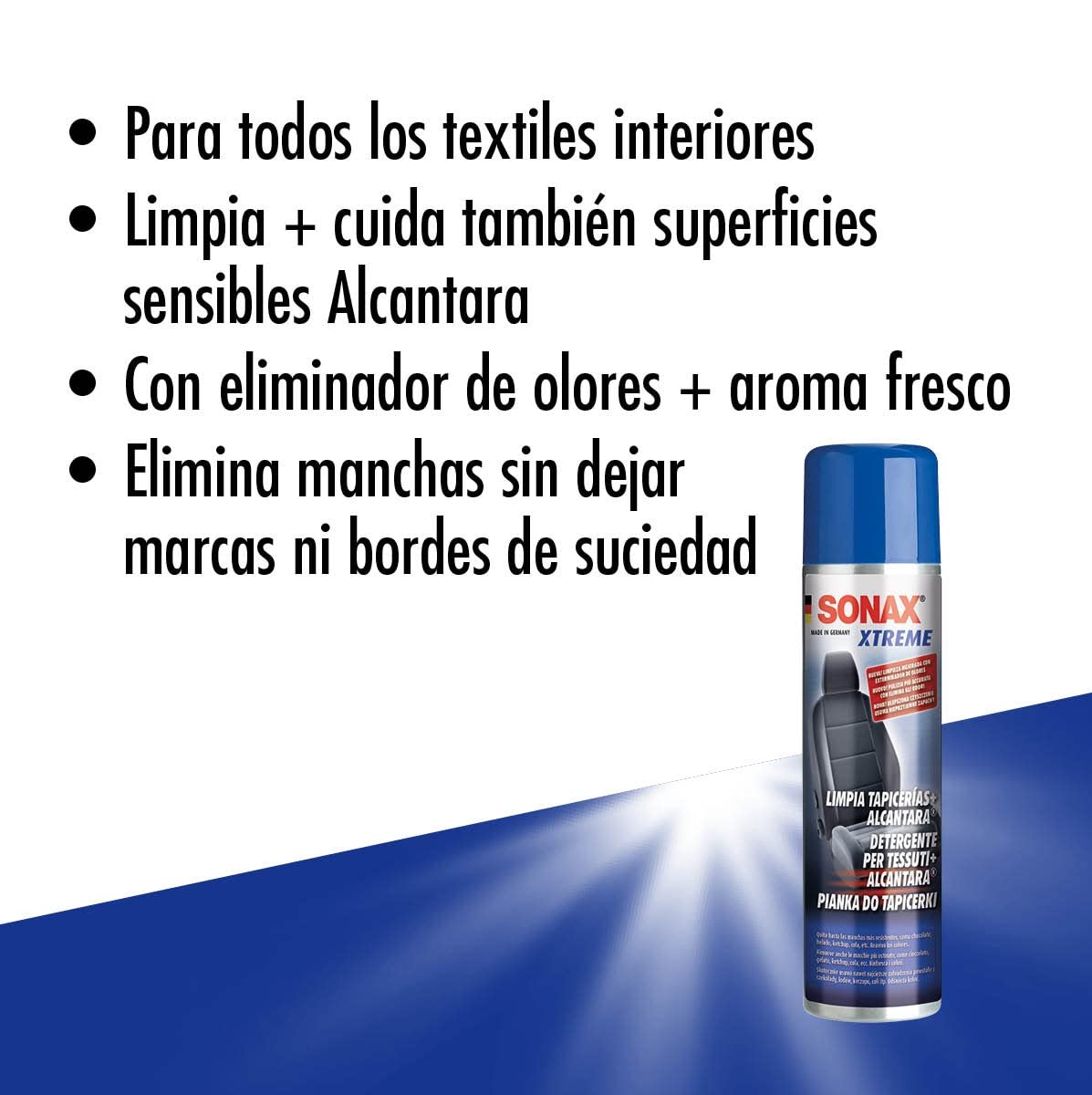 SONAX XTREME Limpiador de tapizados+Alcantara coche (400 ml) limpia todos los textiles interiores a fondo | N. 02063000-820