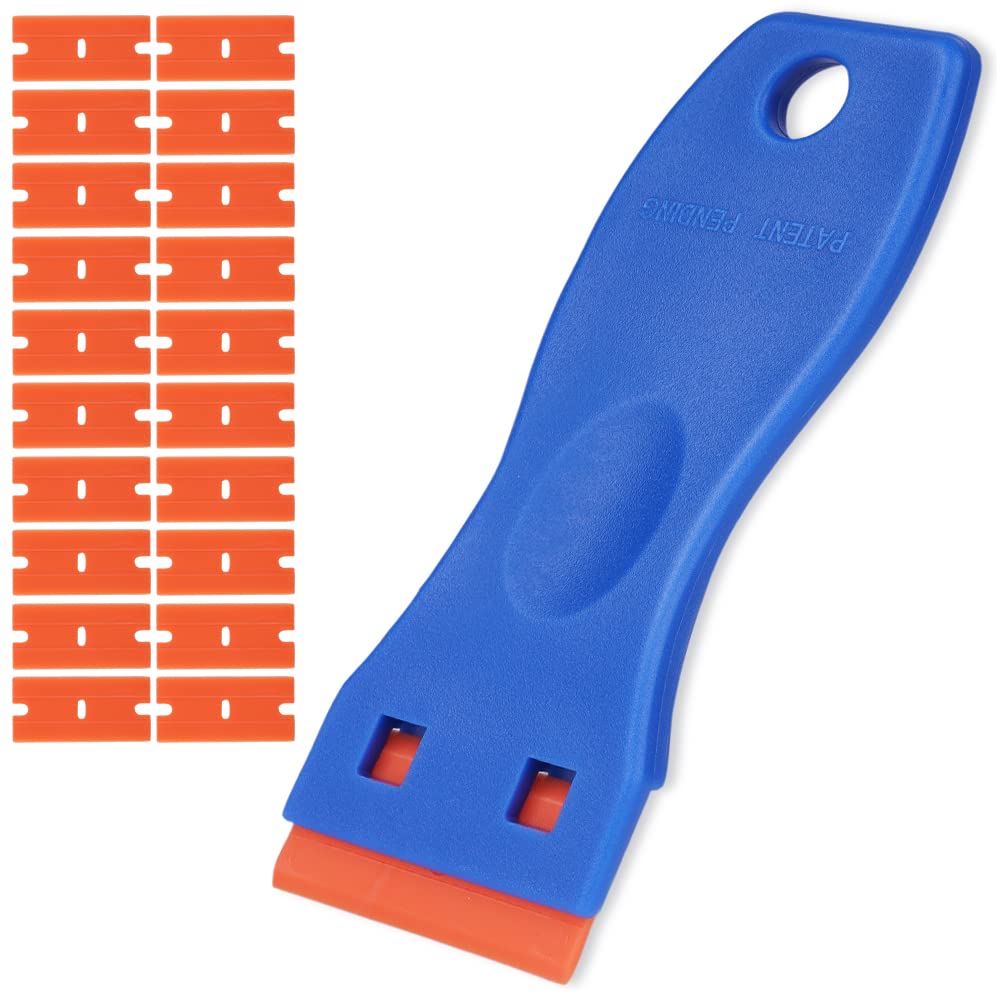 Flintronic Raspador Vitroceramica, 1 Rasqueta Multiusos Profesional con 20 Cuchillas para Ventanas, Espejos, Azulejos Limpieza (Azul Naranja)