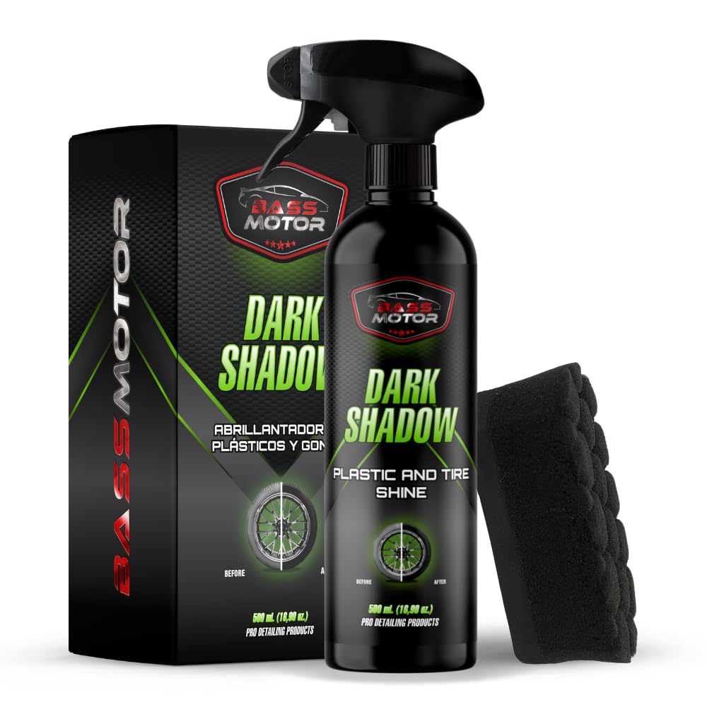 BassMotor Abrillantador de Plástico y Neumáticos Coche Moto Restaurador Gomas Viejas Recupera Brillo Interior y Exterior para Abrillantado en Casa - Dark Shadow 500ml + Esponja Premium