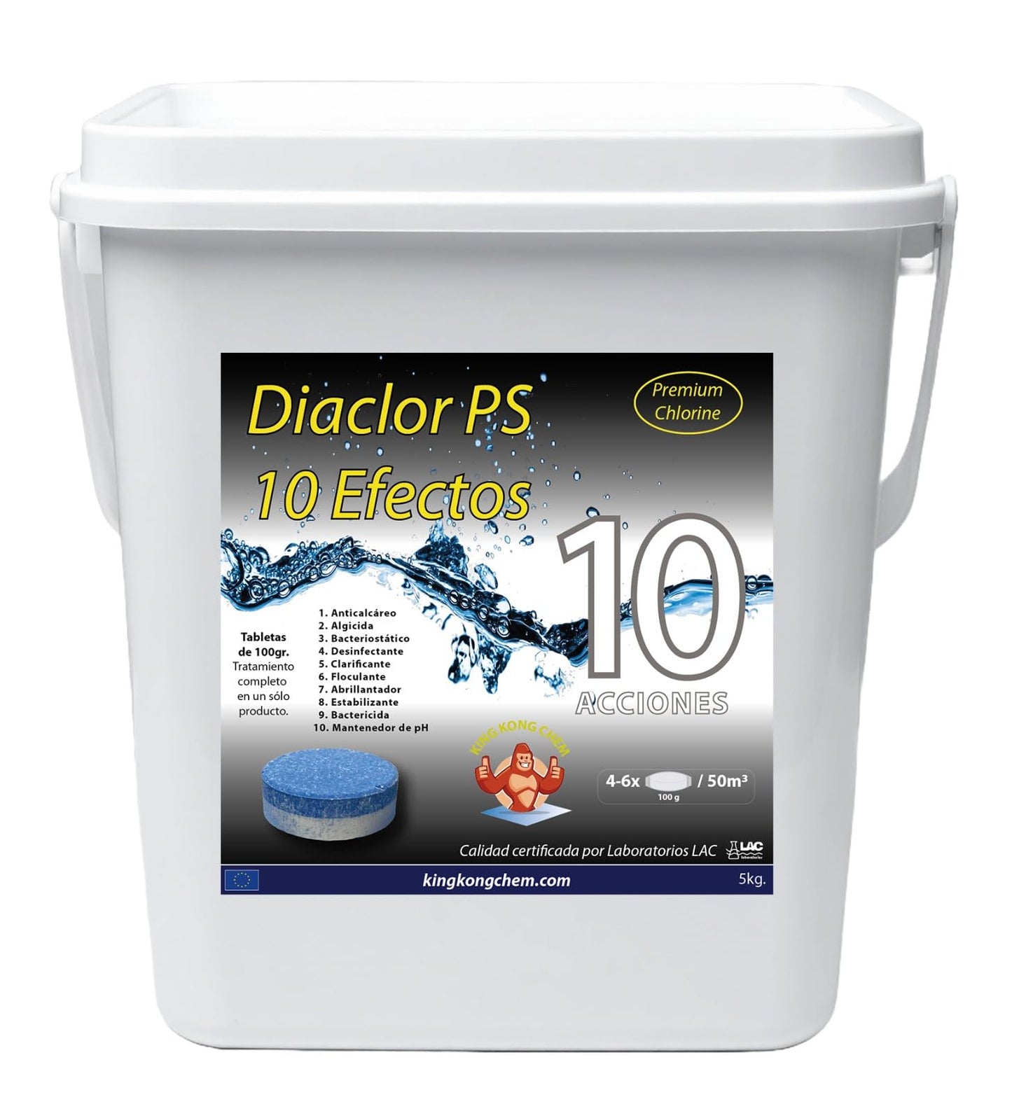 Cloro Total para Piscinas DIACLOR PS 10 Efectos 5 KG - 50 Pastillas de Cloro Multiacción (100 gr) - Tratamiento Profesional Completo