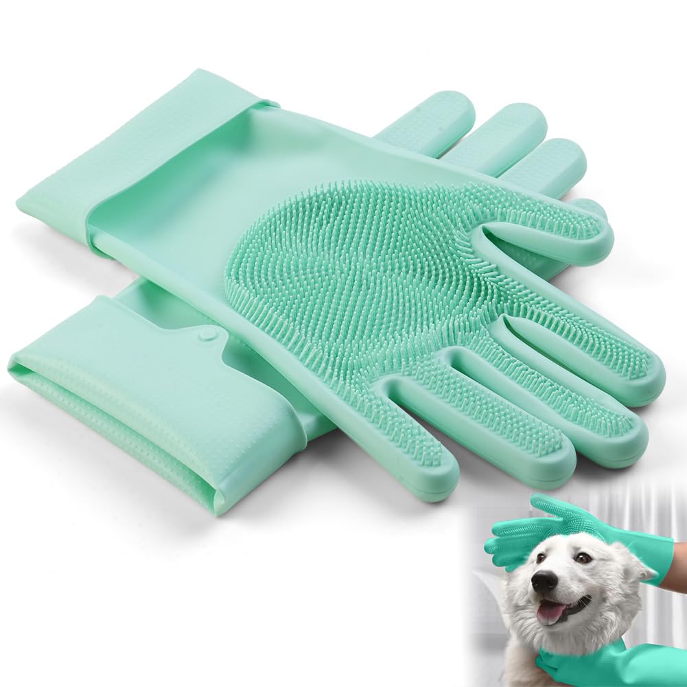 AMFUN Guantes reutilizables para el hogar, Verde Guantes de Limpieza de Silicona, Guantes de silicona reutilizables para lavar platos, para Lavar Platos, cocina, coche, cuidado de mascotas