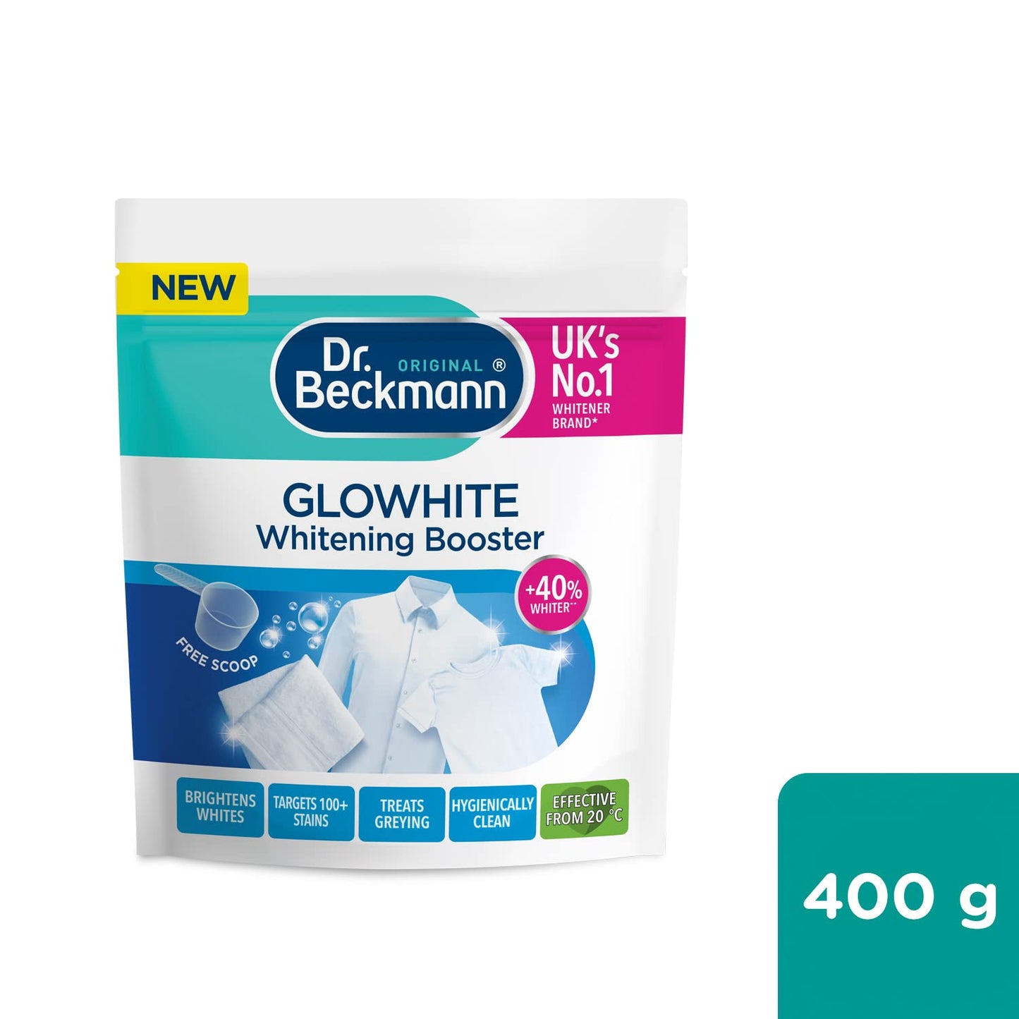 Dr. Beckmann Glowhite Potenciador de blanqueamiento | Quitamanchas y blanqueador de ropa | Elimina más de 100 manchas | 400 g