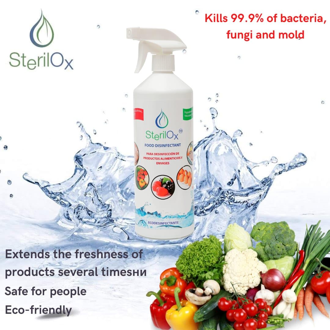 SterilOx, 1000 ml Desinfectante ALIMENTARIOl - Agente Desodorizante / 100% Natural/Para carne fresca, pescado, verduras, frutas, hierbas/Desinfección de huevos y envases/ácido hipocloroso