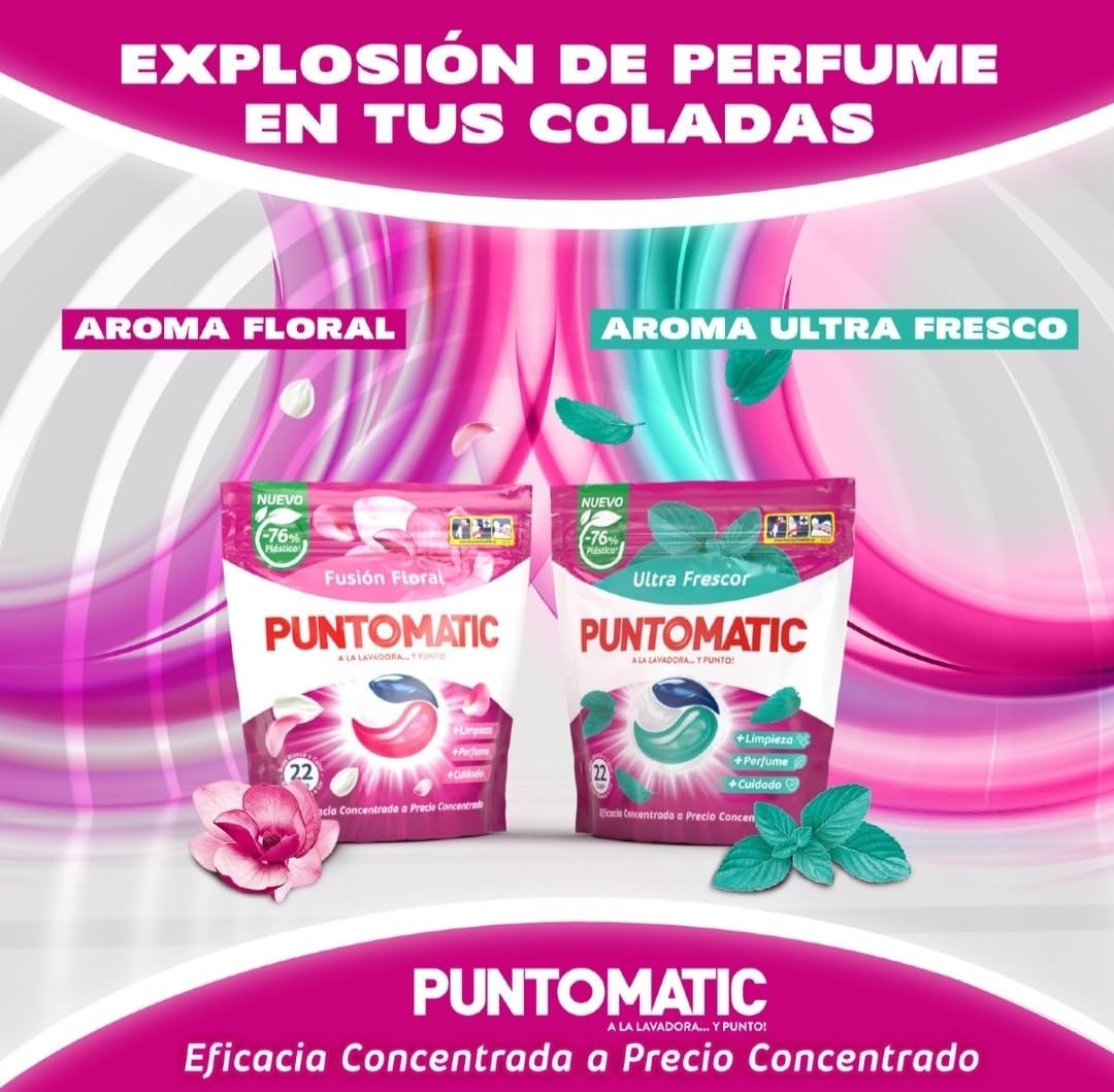 PUNTOMATIC | Cápsulas Tricámara Floral | Detergente Lavadora para Ropa Blanca y de Color | Quitamanchas | 12 lavados