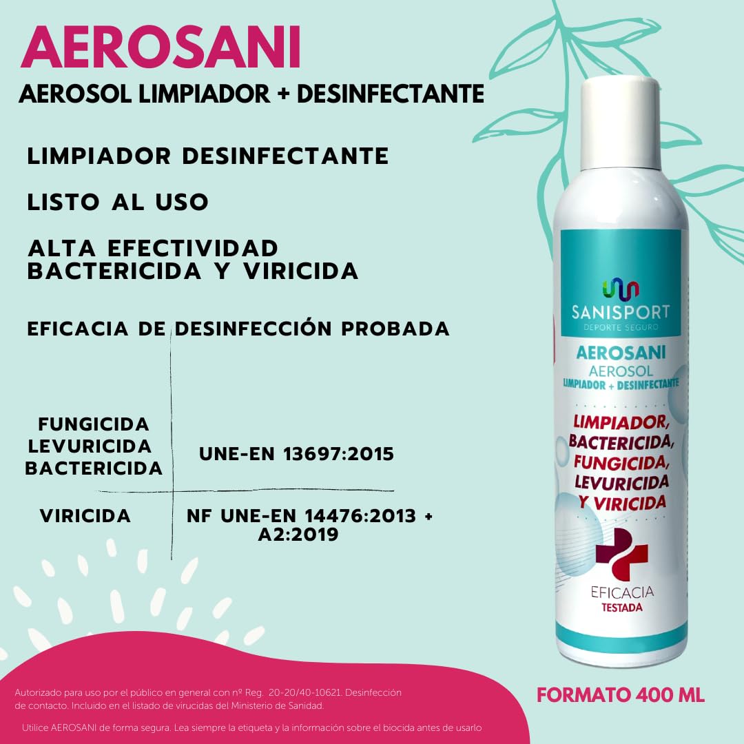 SANISPORT, Spray Desinfectante de Superfícies, Aerosani Aerosol Limpiador y Desinfectante, Limpiador Multiusos, 400 ML