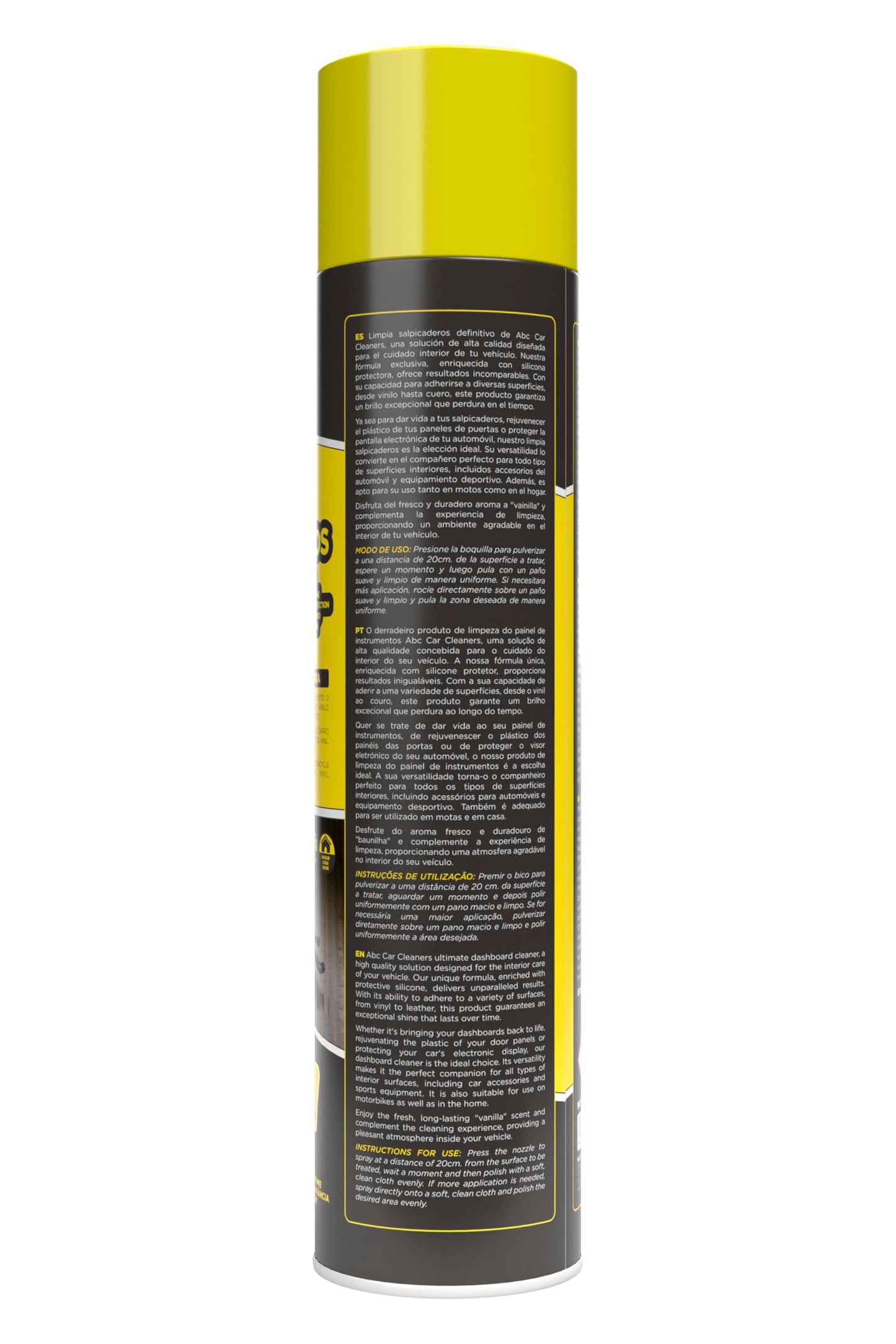 Abc Car Cleaners Spray Limpia Salpicaderos 585 ml con Bayeta. Aroma Vainilla con Silicona Protectora de Plásticos y Vinilos.