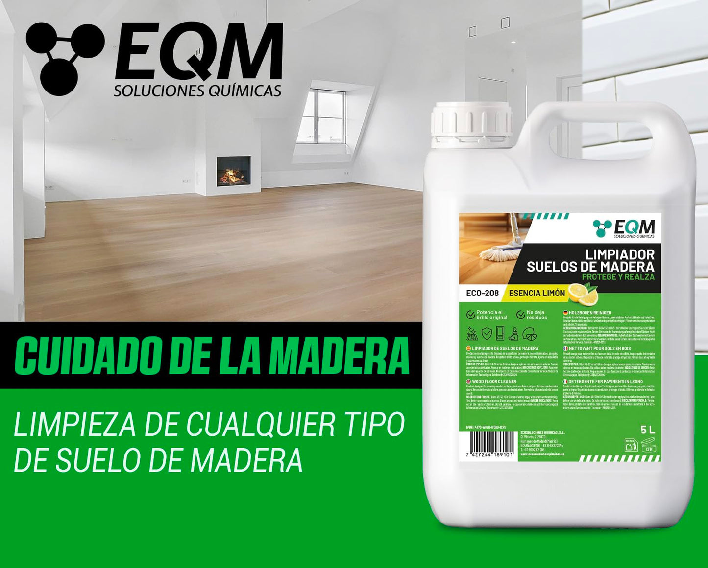 EQM - ECO-208 - Limpiador de Suelos de Madera - 5L - Limpia, Protege e Hidrata – Suelos de parquet, tarima y laminados – También válido para muebles, puertas y armarios