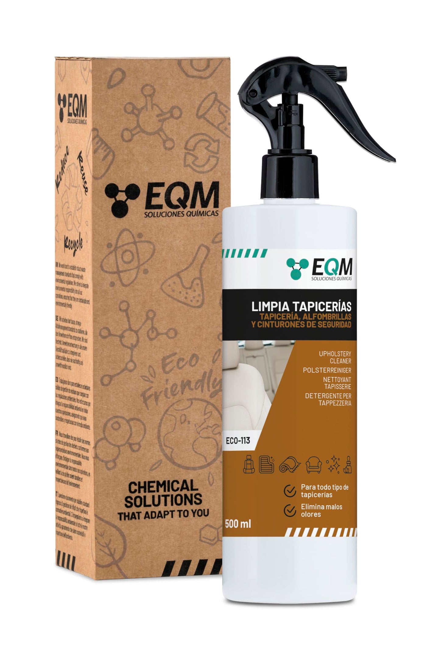 EQM - ECO-113 - Limpia Tapicerías Coche Profesional - 500 ML - Tela, Cuero y Alcantara - Elimina Manchas y Malos olores - Ideal para alfombras, tapicerías, moquetas, Cinturones de Seguridad