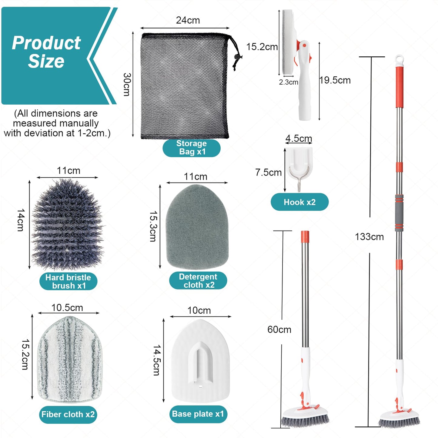 Roxanex Depurador de azulejos 3 en 1, 5 cepillos de limpieza, cepillo de limpieza de ducha mejorado para bañera, suelo, pared, cocina, baño, zócalo de coche, mango extensible de 130 cm de largo
