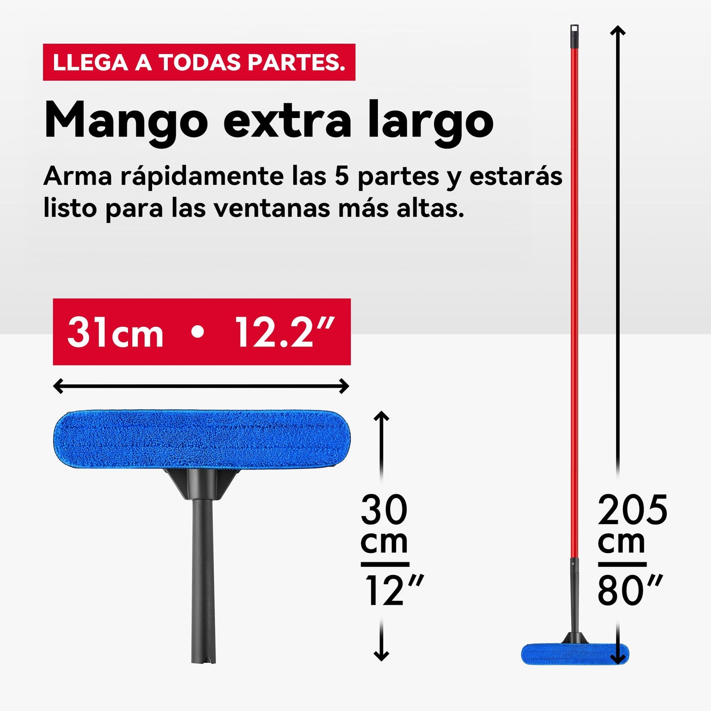 Tyroler Rasqueta Limpiacristales Telescópico Profesional para Ventanas | 30 a 205 cm Palo Limpia Cristales Extensible para Ventanas | Kit de Escobilla Limpiador de Cristales 2 en 1