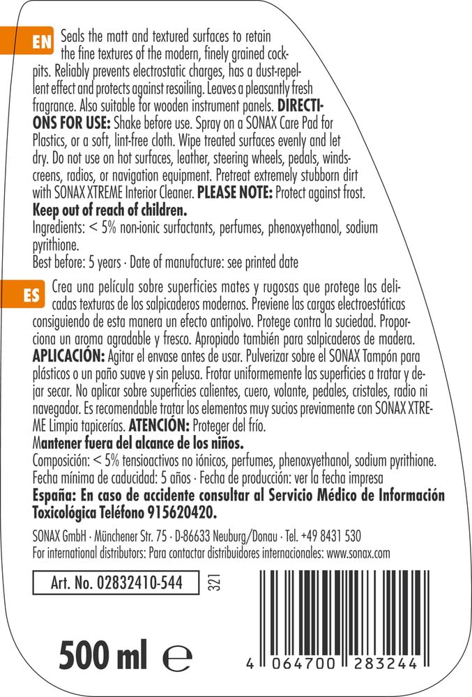 SONAX XTREME Limpiador de Cockpit efecto mate (500 ml) limpia salpicaderos y cuida las superficies plásticas en el interior del automóvil, N. 02832410-820, Blue