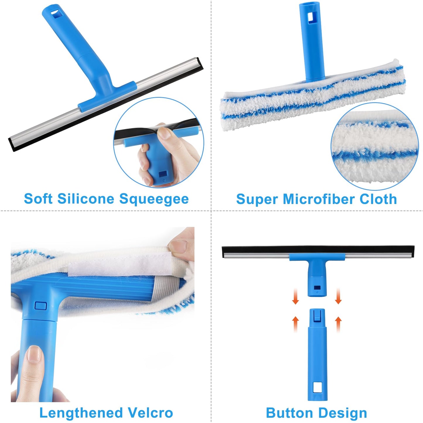 Mitclear Limpiacristales con Mango Extensible(146cm), Limpiador de Ventanas con Escobilla de Silicona & Paños de Microfibra, Kit Limpiacristales Profesional para Ducha Cristal Espejo Puerta Coche