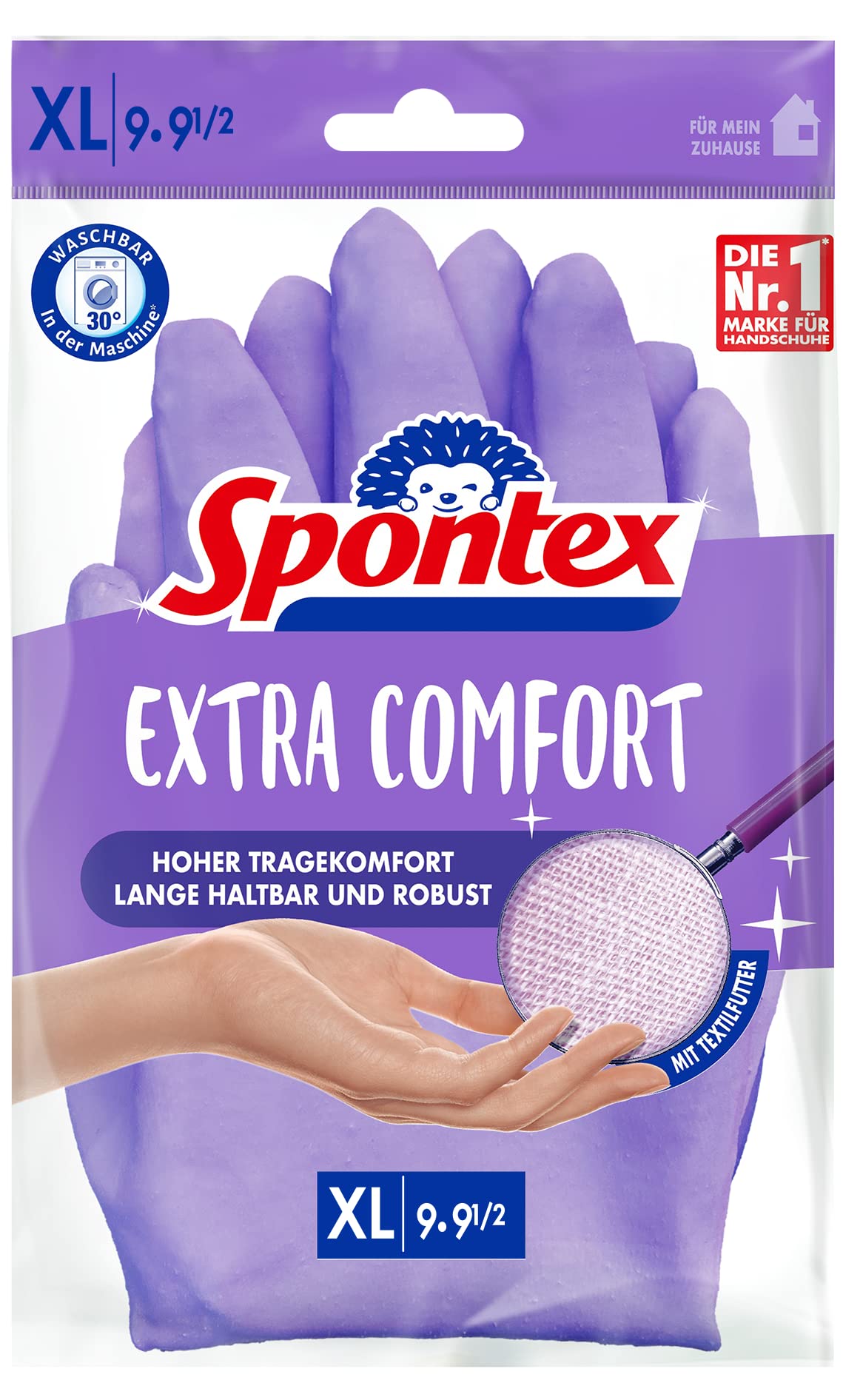Spontex Extra Comfort, Guantes de hogar premium con forro textil suave, ideales para todos los trabajos de limpieza en el hogar, lavable a 30 °C, talla XL (9-9,5), 1 par, lila, 100 gramos