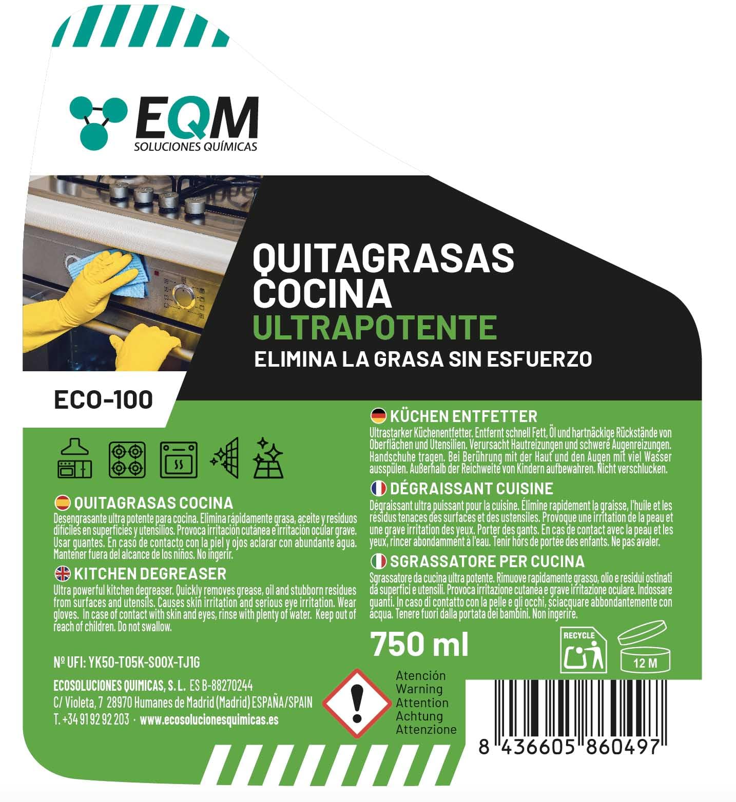 EQM - ECO-100 - Desengrasante Concentrado para Cocinas - 750 ML - Disuelve todo tipo de grasas, incluso las más rebeldes - Altamente eficaz - Superficies siempre limpias y cuidadas