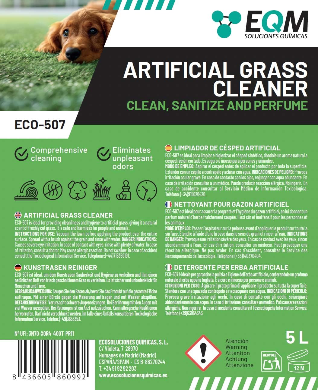 EQM - ECO-507 - Limpiador e Higienizante de Césped Artificial - 5L - Limpia, Higieniza y Perfuma - Formato ahorro, larga duración - No tóxico