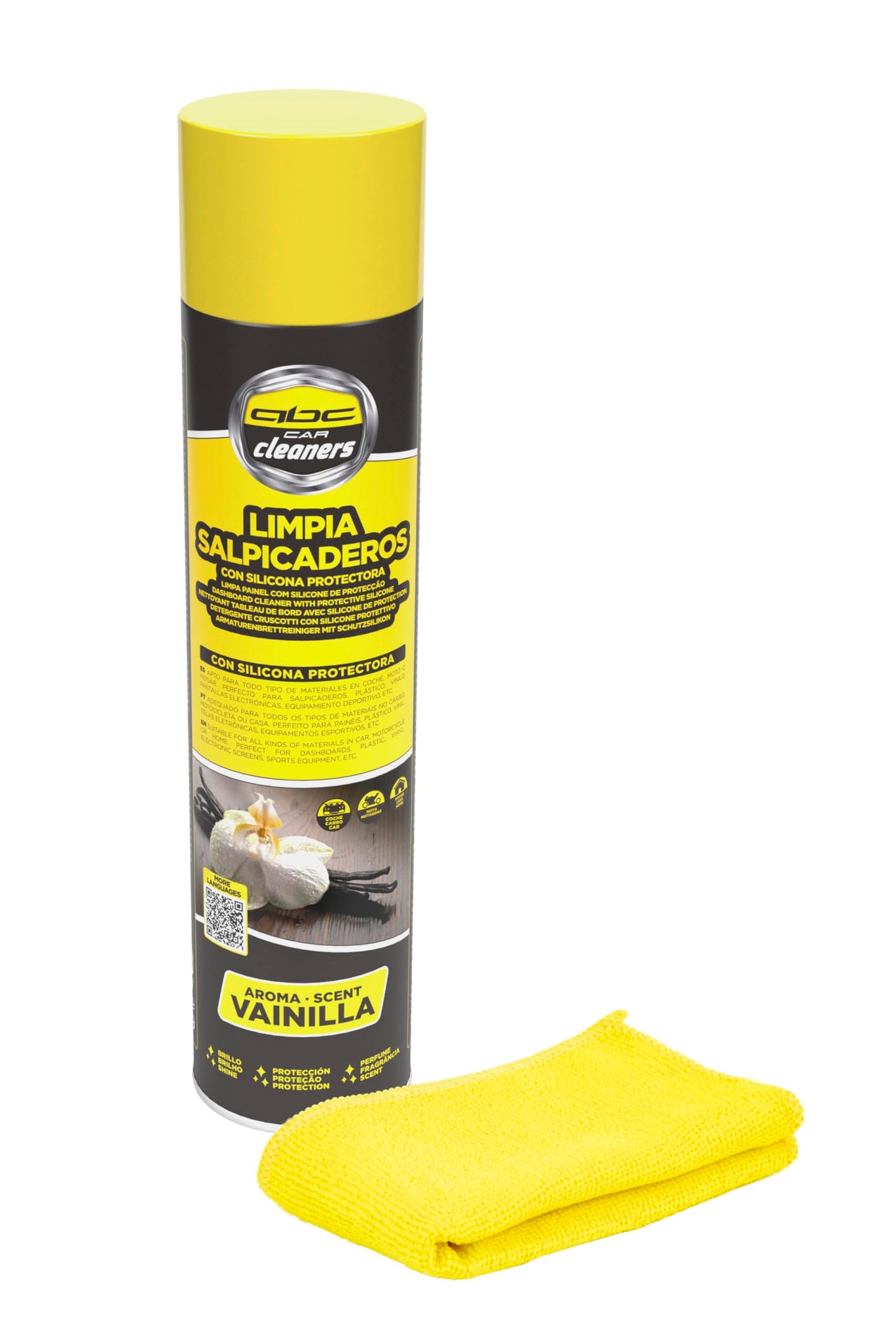 Abc Car Cleaners Spray Limpia Salpicaderos 585 ml con Bayeta. Aroma Vainilla con Silicona Protectora de Plásticos y Vinilos.
