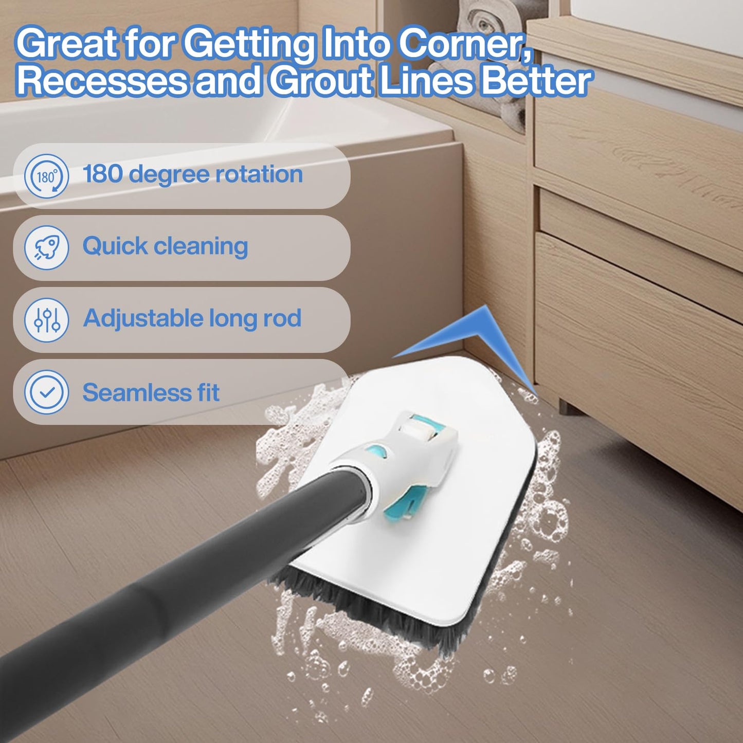 Vautvis Cepillo De Limpieza Hogar para Ducha 4 En 1,Cepillo Limpieza Ducha con Mango Telescópico, Palo Extensible Limpieza, Mopas De Limpieza Suelos para Ducha, Cocina, Baño, Bañera, Suelo
