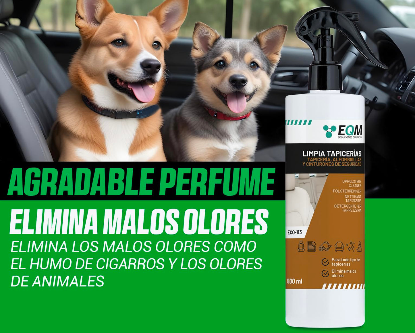 EQM - ECO-113 - Limpia Tapicerías Coche Profesional - 500 ML - Tela, Cuero y Alcantara - Elimina Manchas y Malos olores - Ideal para alfombras, tapicerías, moquetas, Cinturones de Seguridad