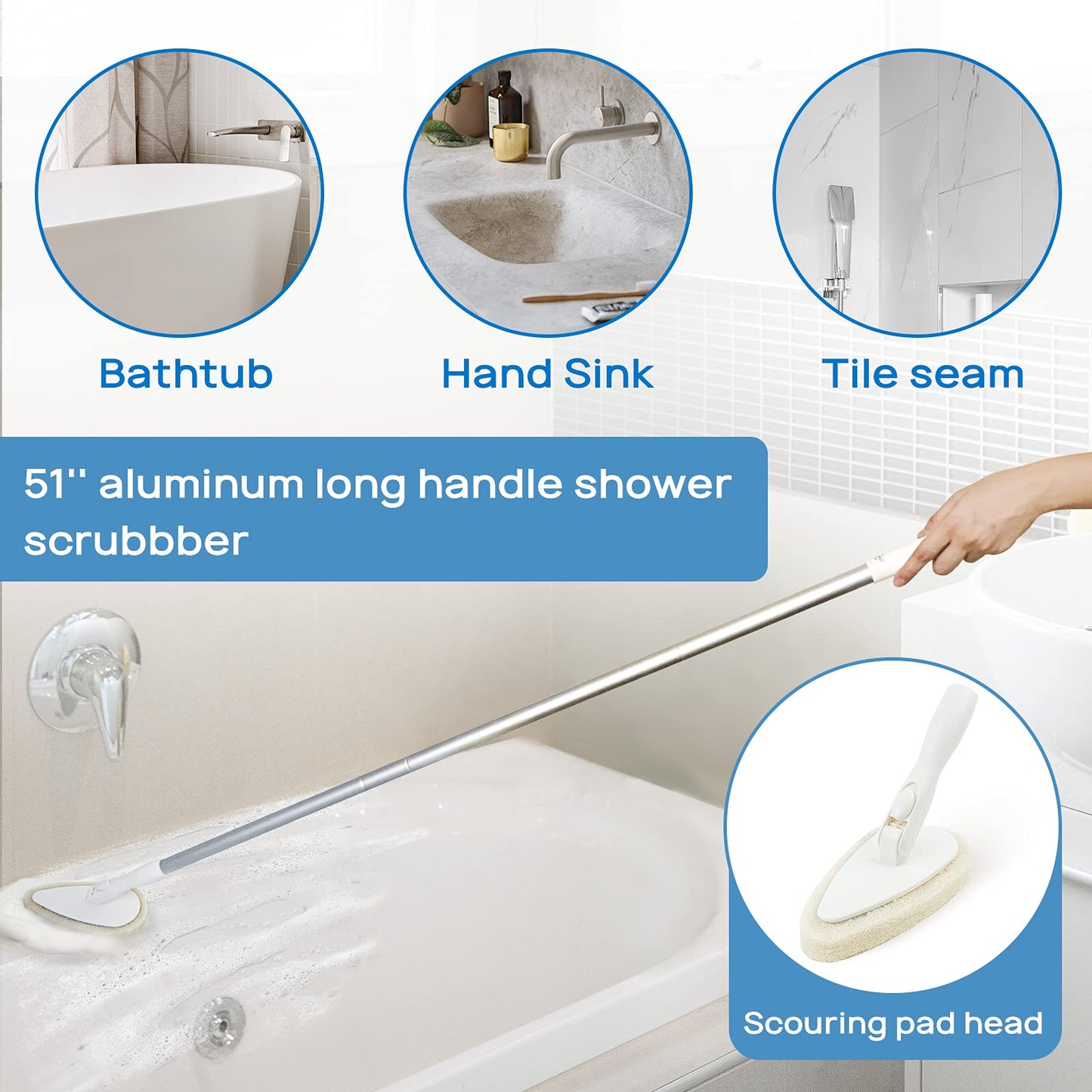 Qaestfy Cepillo de Limpieza de Ducha y Estropajo Combinado con Mango Largo Desmontable de 51 Pulgadas para bañera y Azulejos de Ducha, Cepillo Limpia