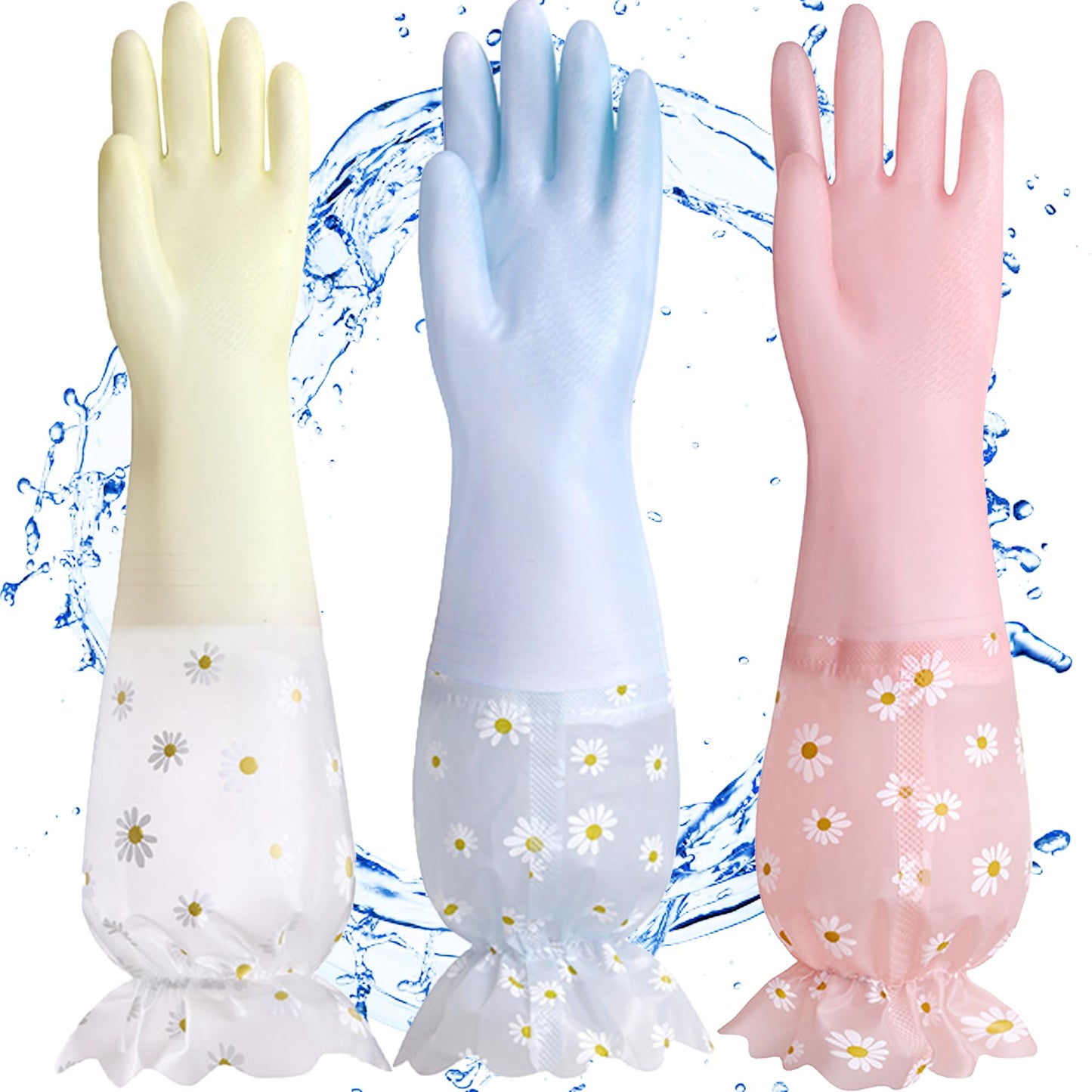 3 pares PVC Guantes de Lavado sin Látex, Forro de Algodón, Brazo Largo, Reutilizable para Lavar Platos Limpieza de la Cocina Hogar,Coche, Baño (Amarillo + Rosa + Azul)