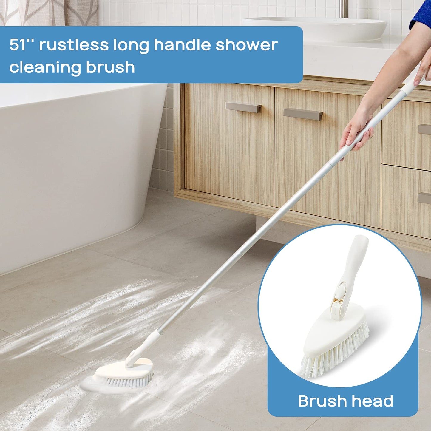Qaestfy Cepillo de Limpieza de Ducha y Estropajo Combinado con Mango Largo Desmontable de 51 Pulgadas para bañera y Azulejos de Ducha, Cepillo Limpia