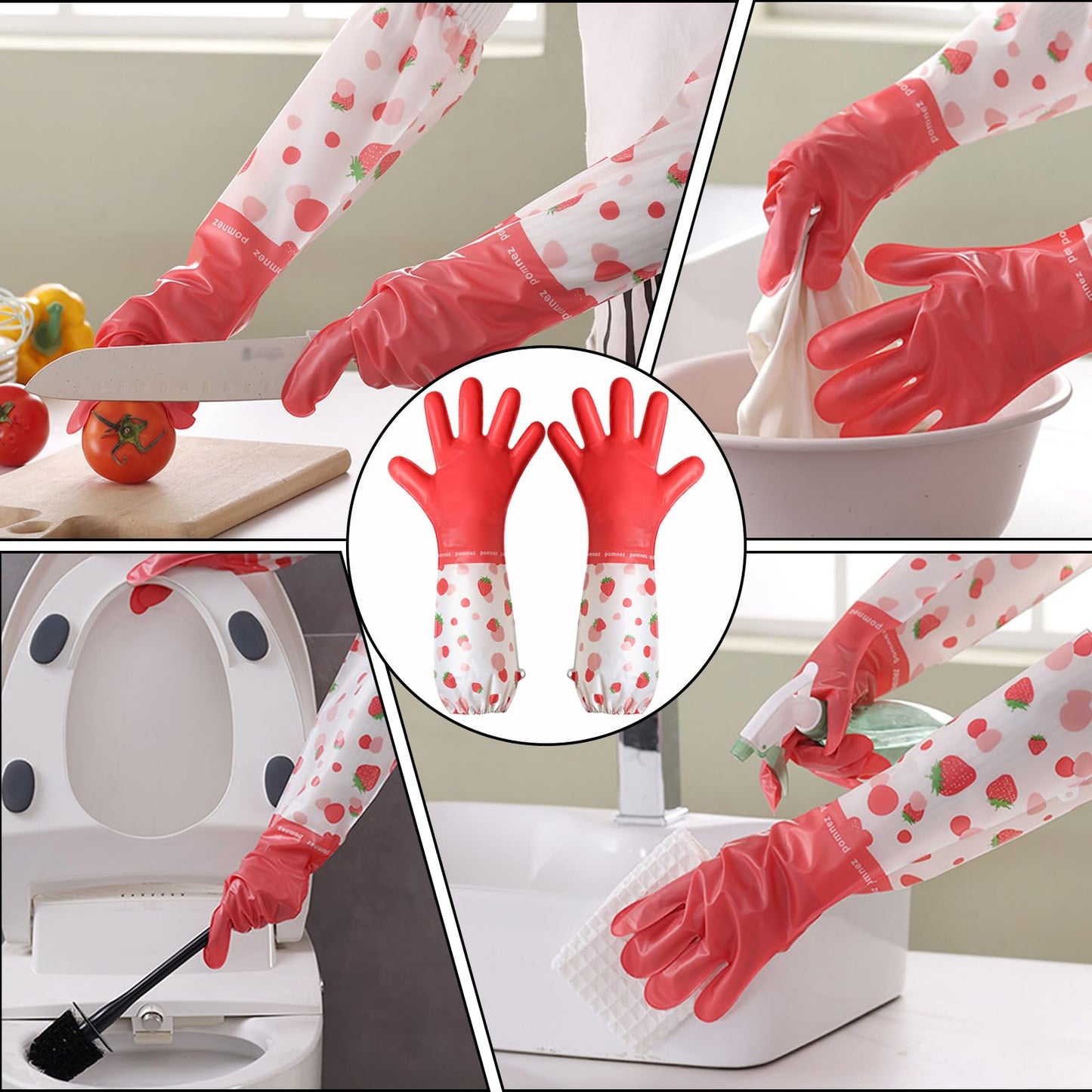 KASESSS 2 Pares Guantes Limpieza Reutilizables, Guantes Fregar con Forro de Algodón, Impermeables Guantes Limpieza Hogar Largos Sin Látex Guantes para Lavar Platos para Cocina Baño Coche