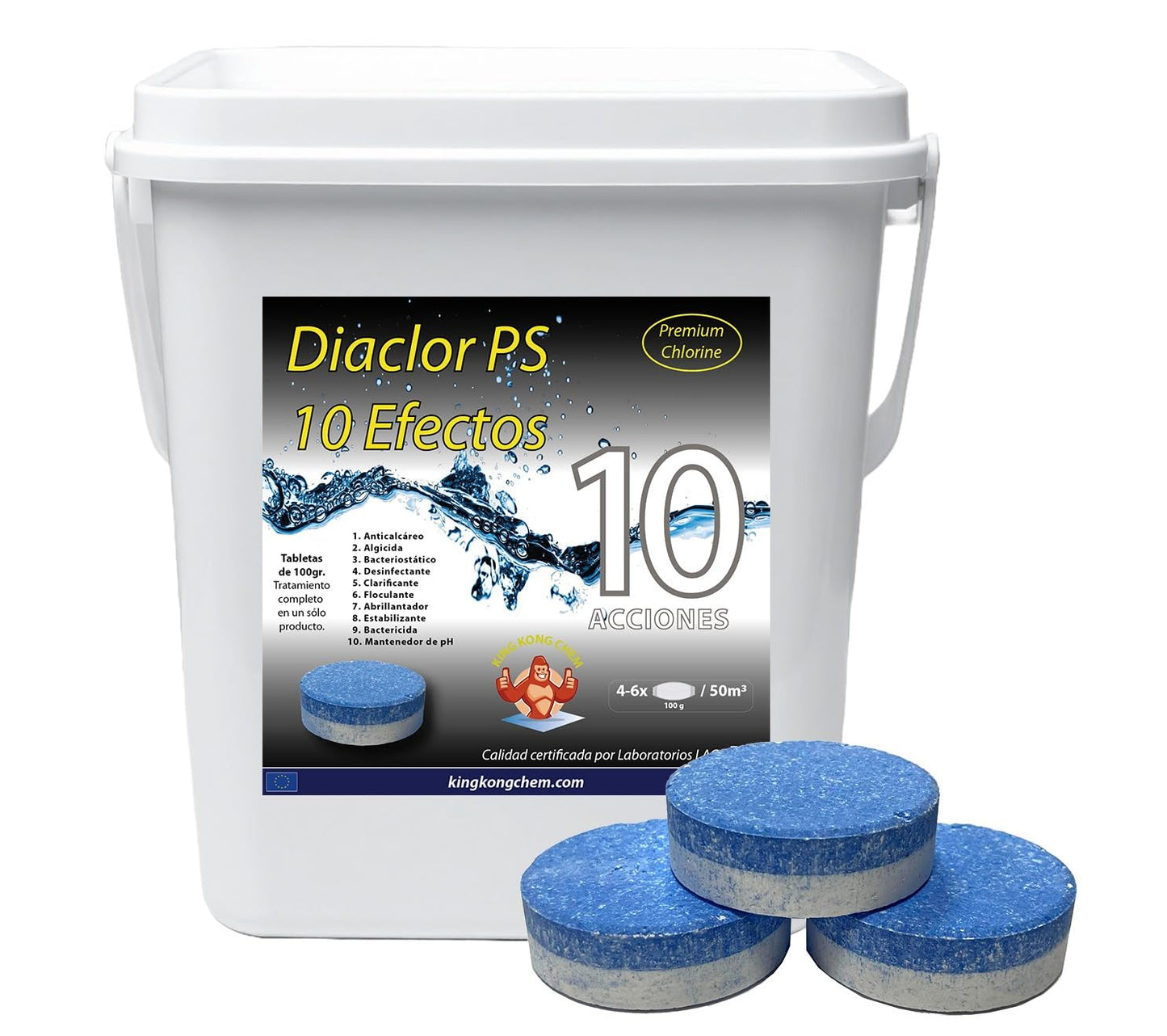 Cloro Total para Piscinas DIACLOR PS 10 Efectos 5 KG - 50 Pastillas de Cloro Multiacción (100 gr) - Tratamiento Profesional Completo