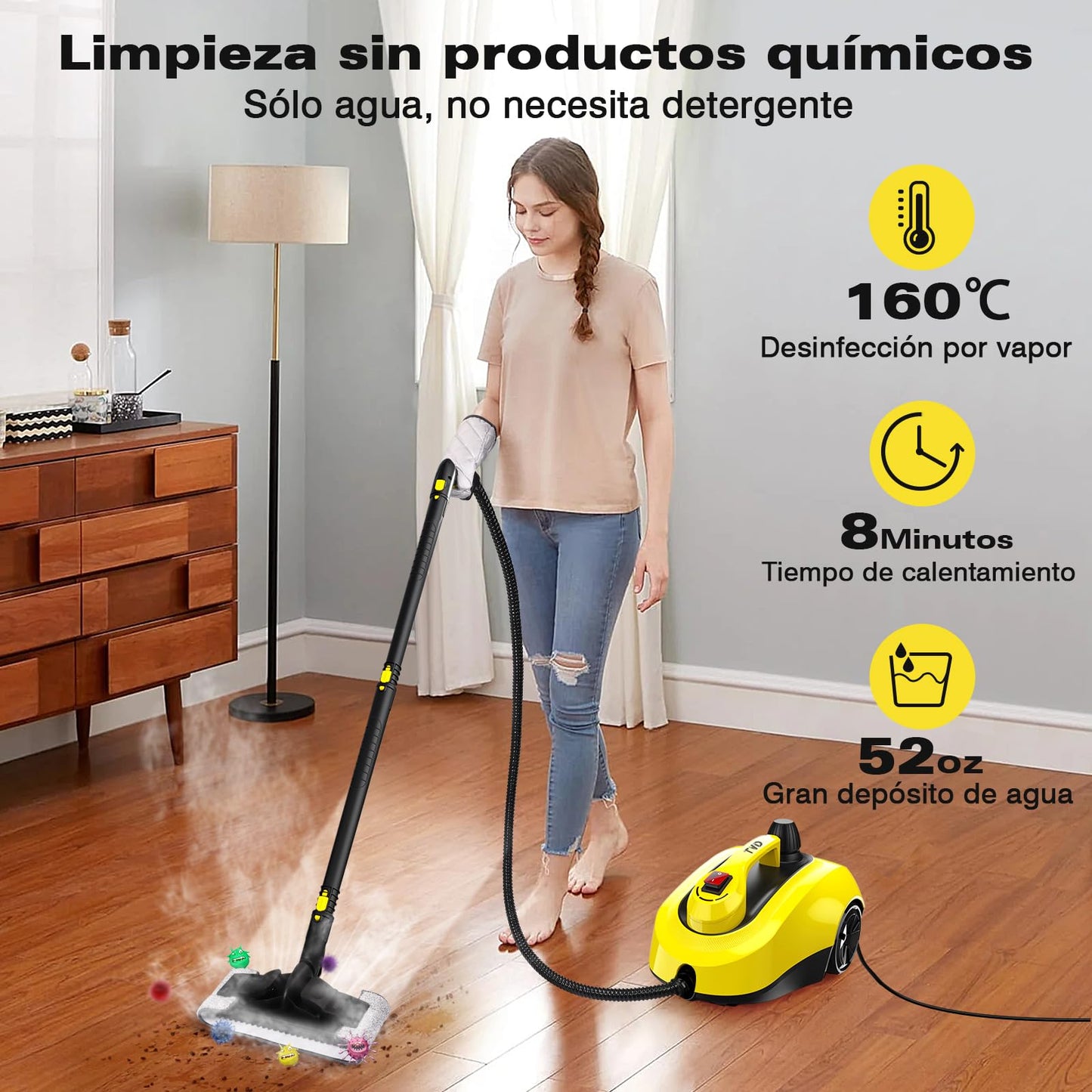 TVD Multiuso Limpiador Vapor,Vaporeta Limpieza Hogar Potente-con 26 Accesorios Multifunción,para la Eliminación de Manchas,Alfombras,Sofá,Cortinas,Asientos Coche,Tapicerias-1.5L Vaporeta de Mano
