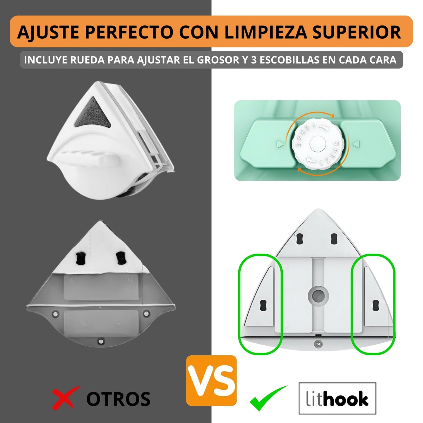 lithook, Limpiacristales Magnetico, Ajustable a un Grosor Entre 5-25 mm, Limpia Cristales con Iman de Doble Cara para Limpiar por Dentro y Fuera, Compatible con Ventanas y Mamparas de Ducha