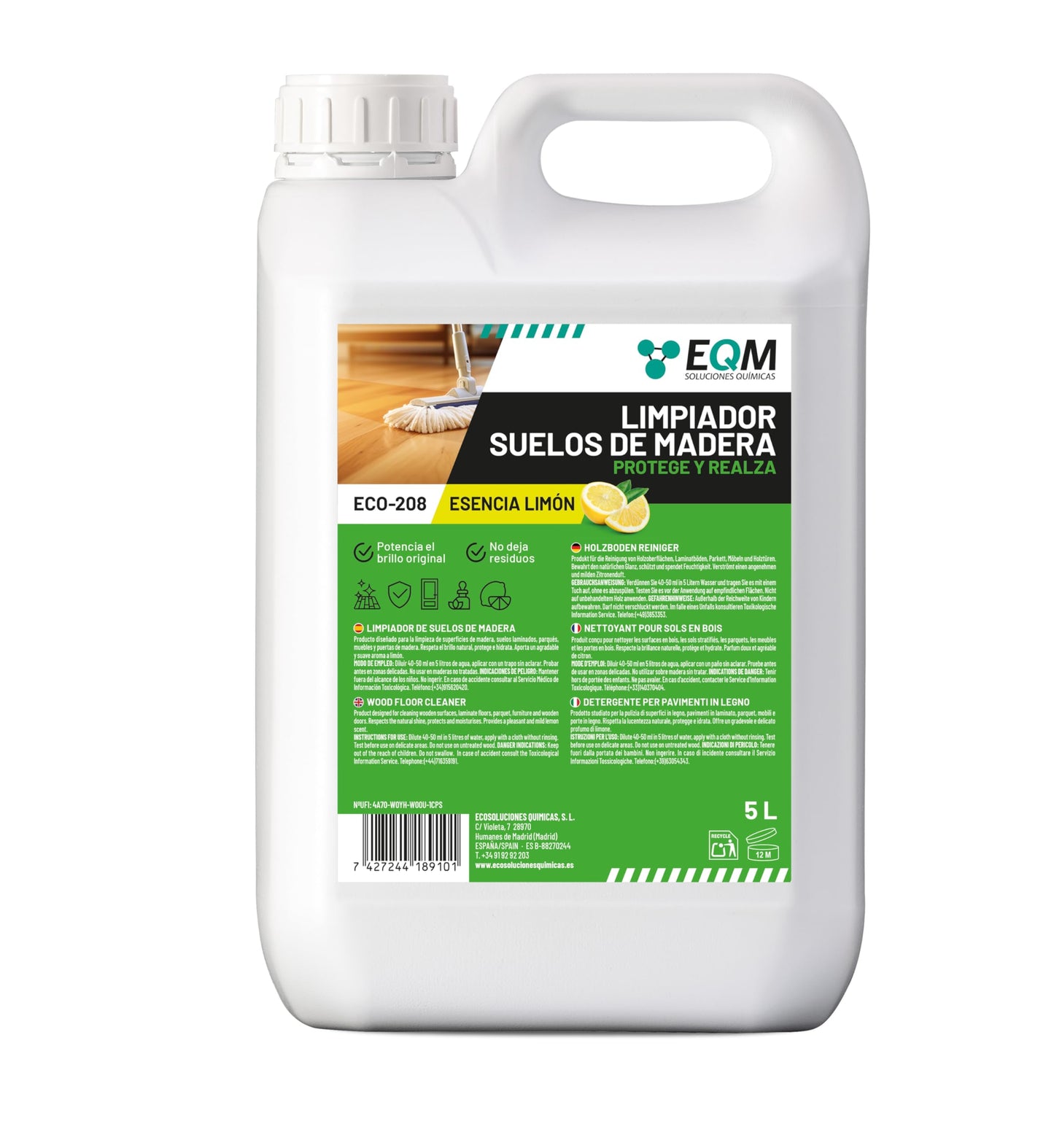 EQM - ECO-208 - Limpiador de Suelos de Madera - 5L - Limpia, Protege e Hidrata – Suelos de parquet, tarima y laminados – También válido para muebles, puertas y armarios
